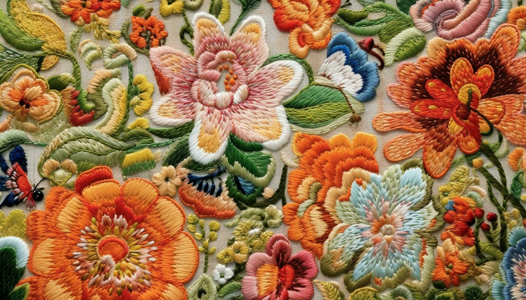 resumen floral modelo en textil, vibrante colores, cerca arriba ver generado por ai foto
