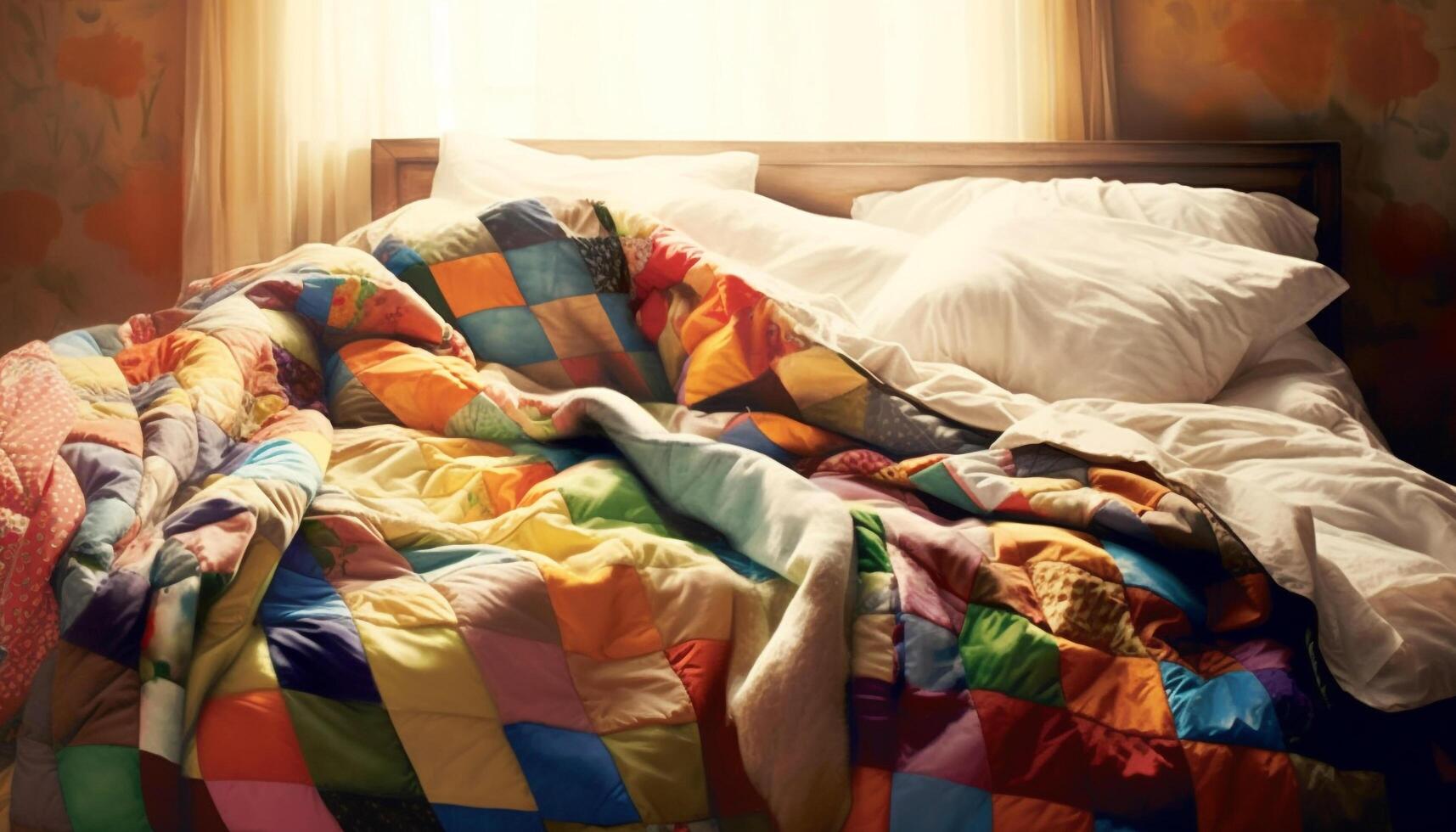 Comfortable bed with vibrant colors and modern design decoration generated by AI photo