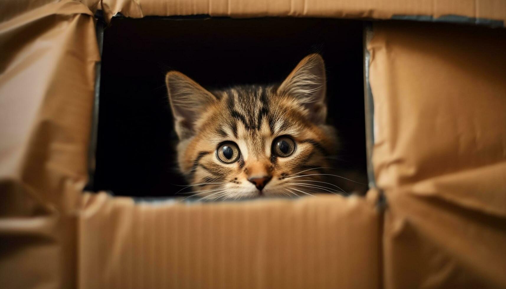 Cute kitten hiding in a box, peeking out, staring generated by AI photo