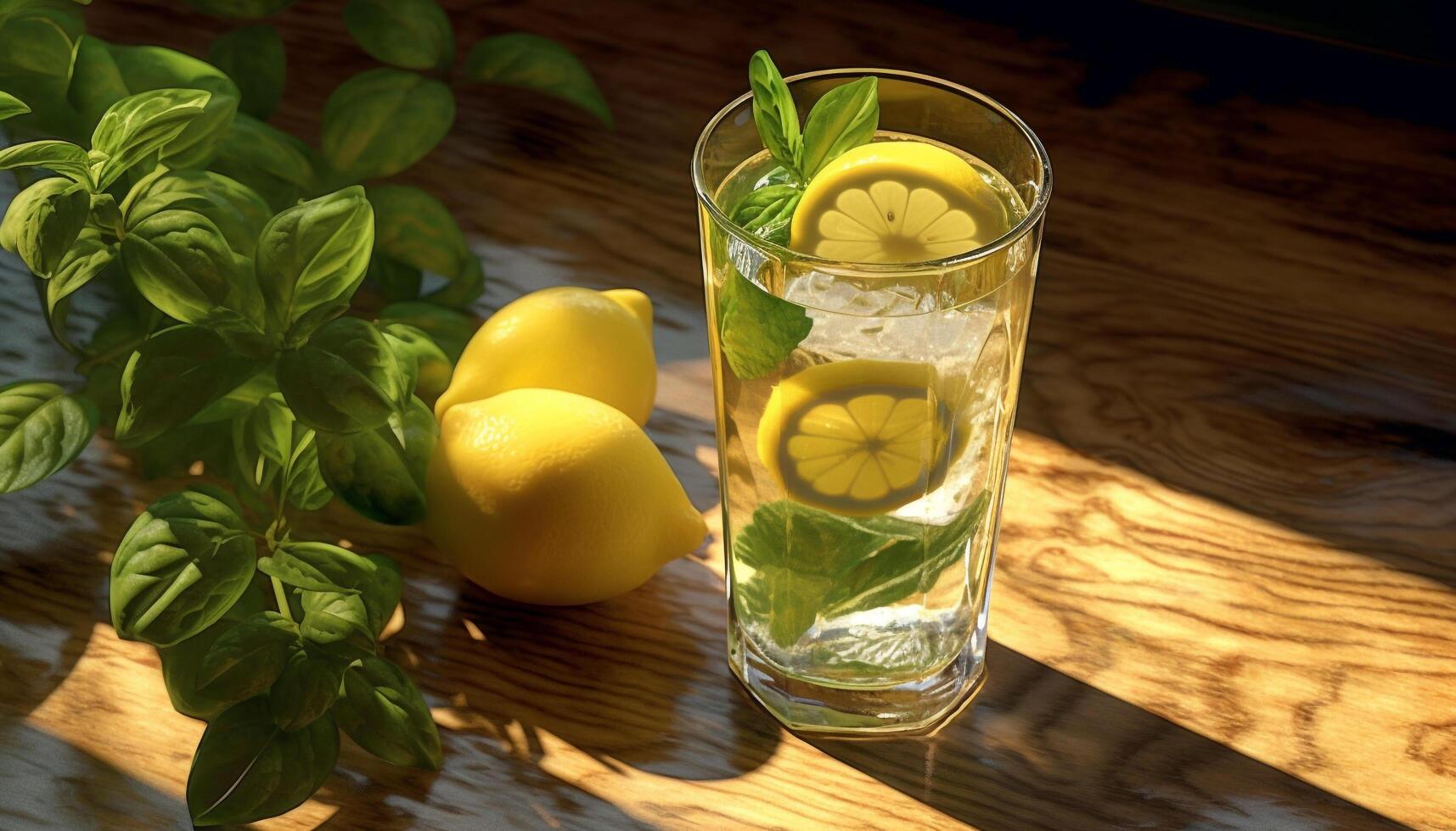Fresh lemon slice on wooden table, refreshing summer cocktail generated by AI photo