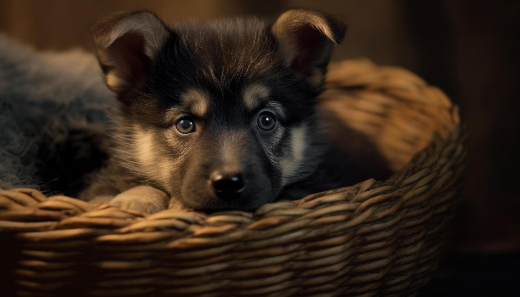 Cute puppy sitting outdoors, looking at camera with fluffy fur generated by AI photo