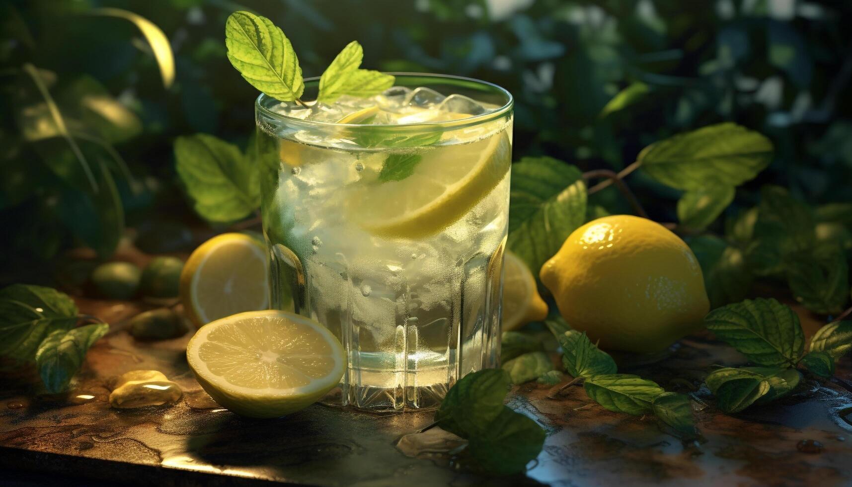 Fresh lemonade, a refreshing summer cocktail with citrus and mint generated by AI photo