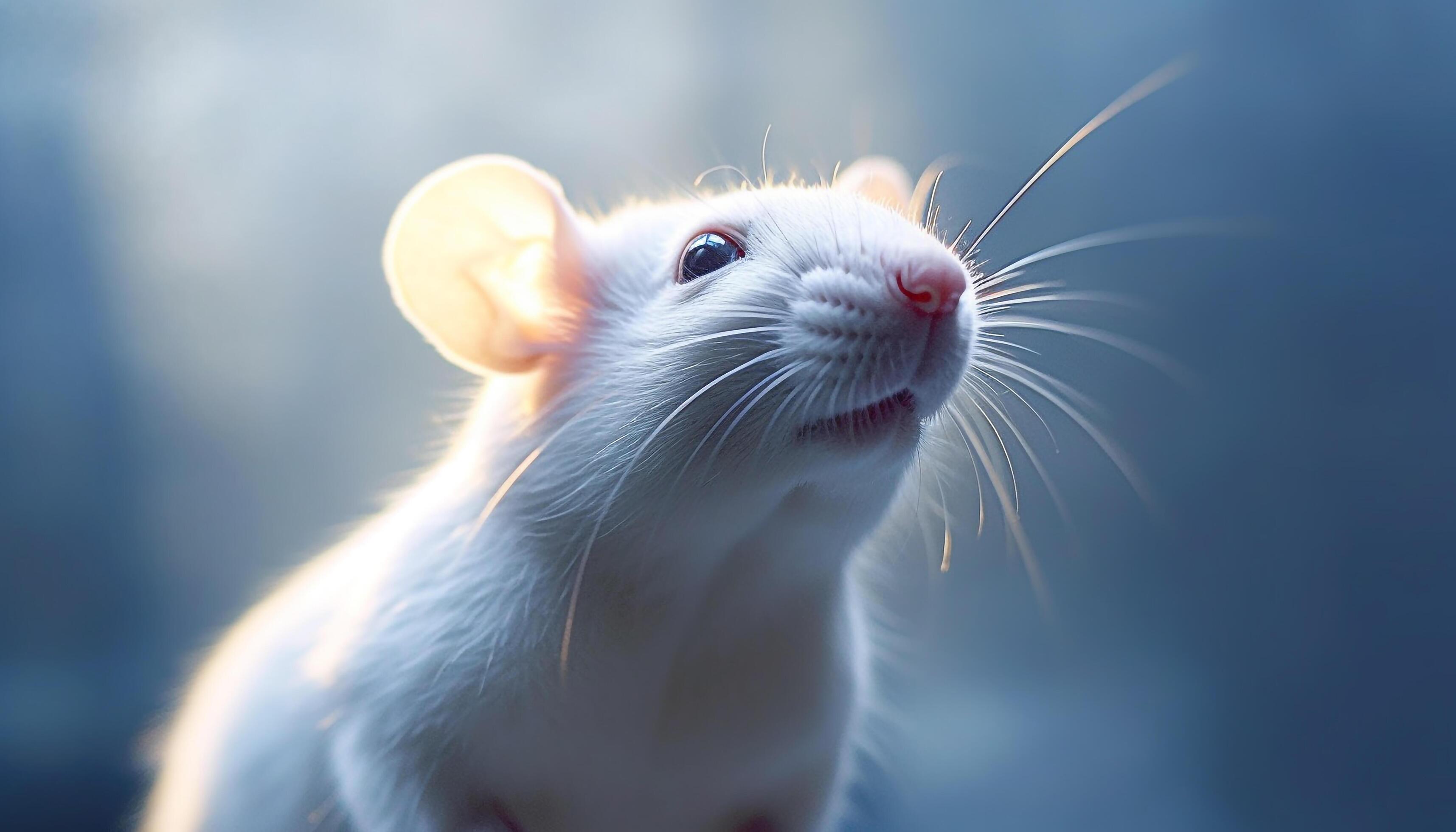 Cute fluffy rat, with whiskers, looking up in laboratory generated by