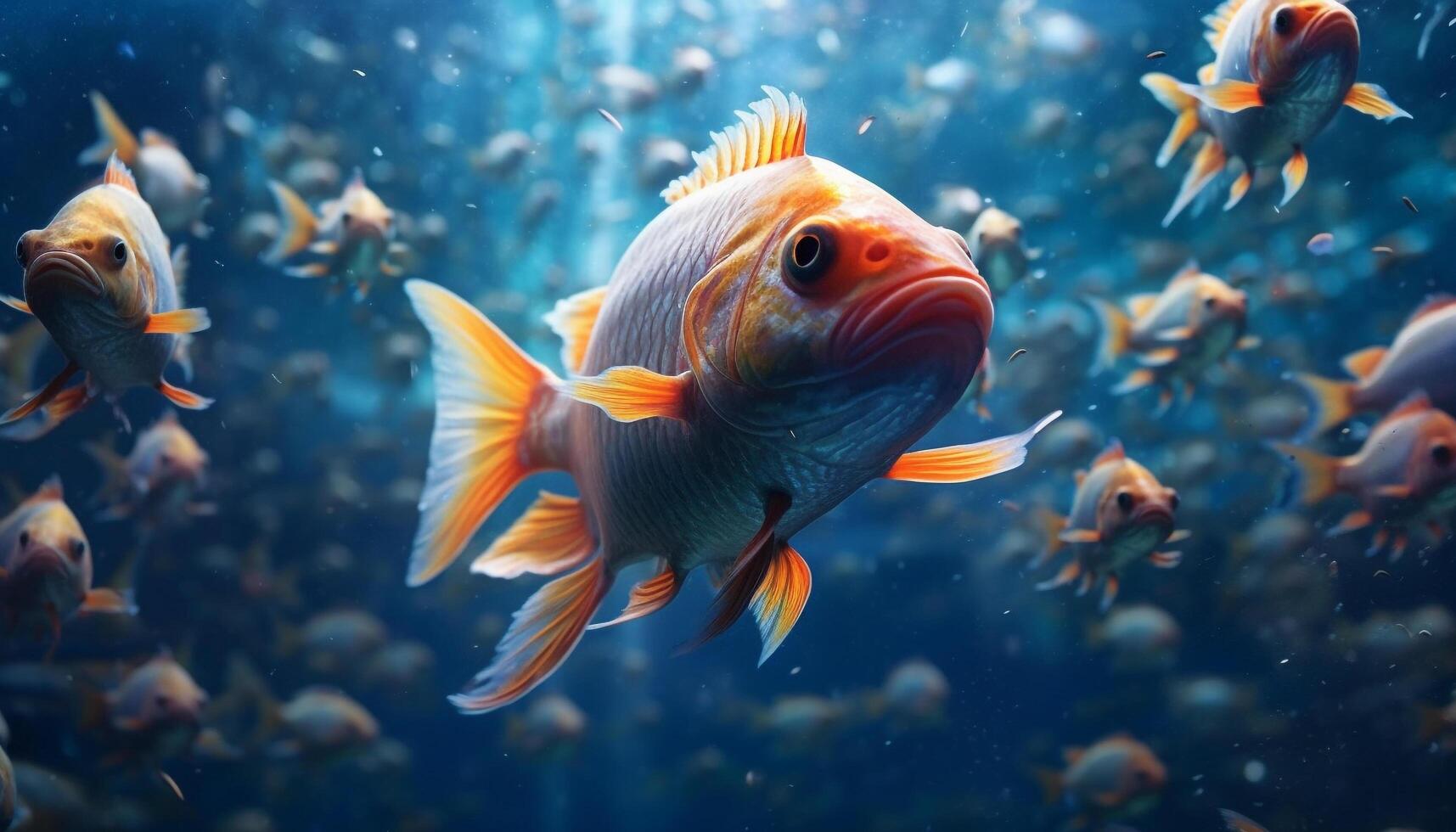 Underwater, tropical climate, multi colored fish swimming in a reef generated by AI photo
