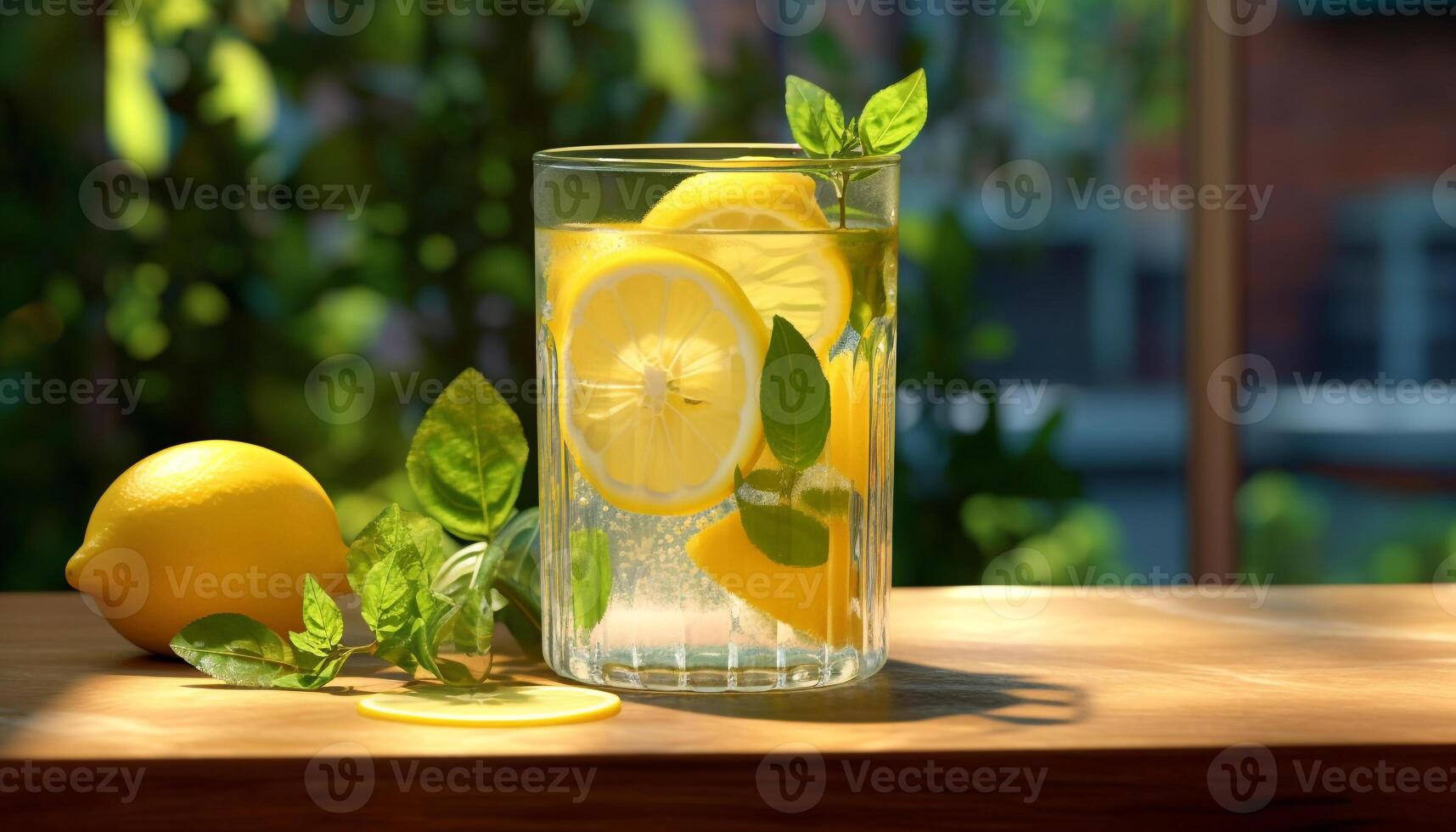 Refreshing lemonade on a wooden table, nature healthy summer drink generated by AI photo