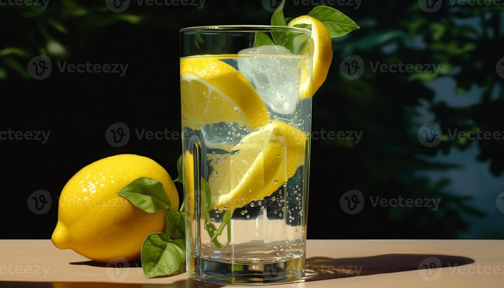 Refreshing lemonade cocktail with ice, citrus fruit, and mint generated by AI photo