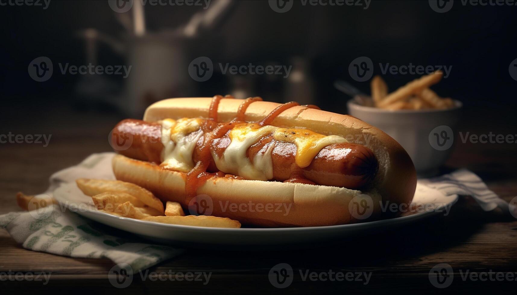 Grilled hot dog on bun, a delicious unhealthy snack generated by AI photo
