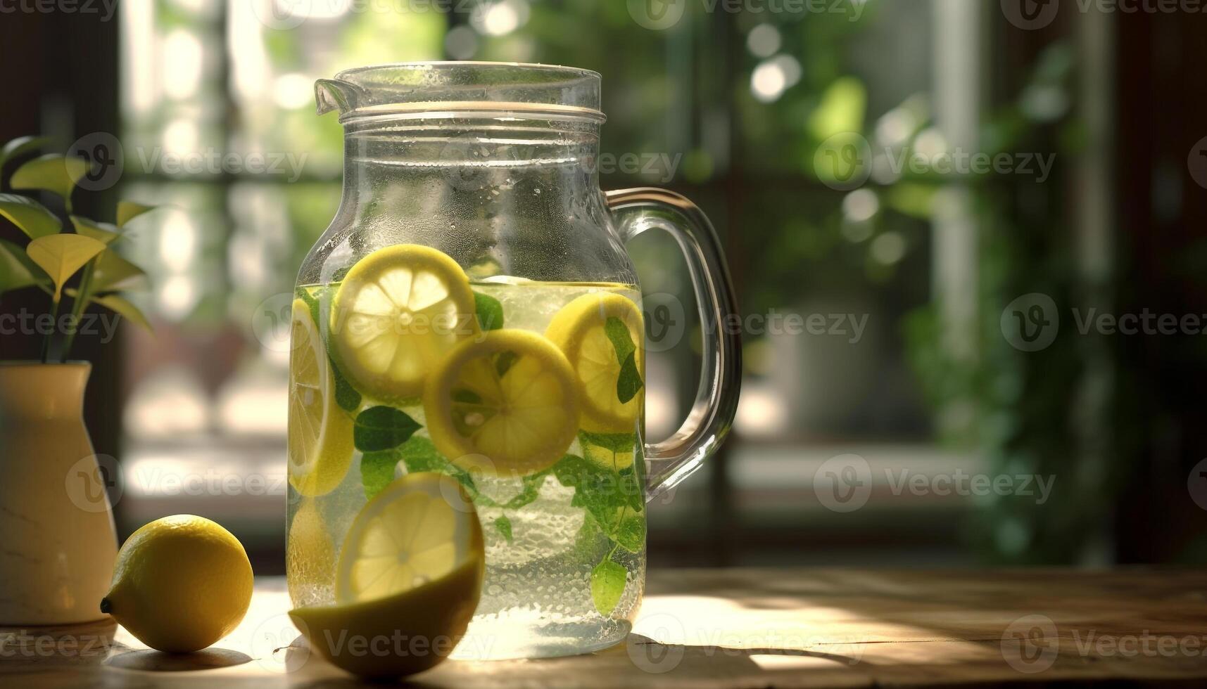 Refreshing summer drink on wooden table, citrus fruit and ice generated by AI photo