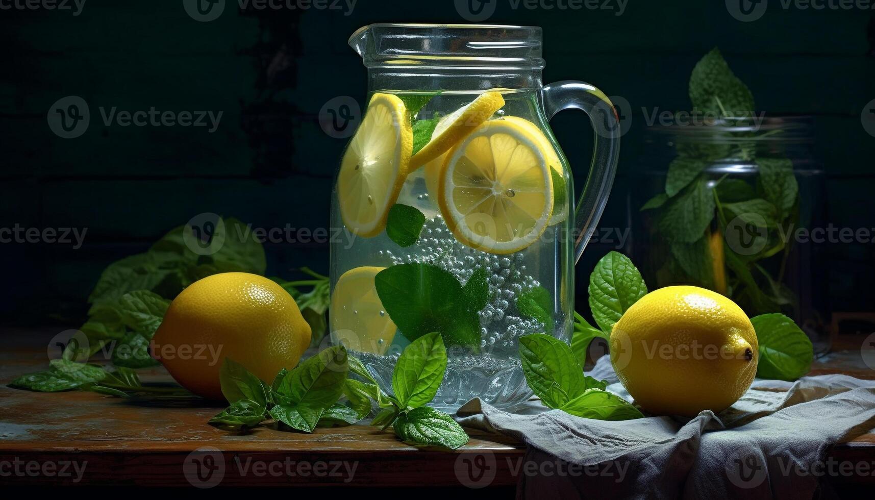 Fresh lemon slice on wooden table, refreshing summer drink generated by AI photo