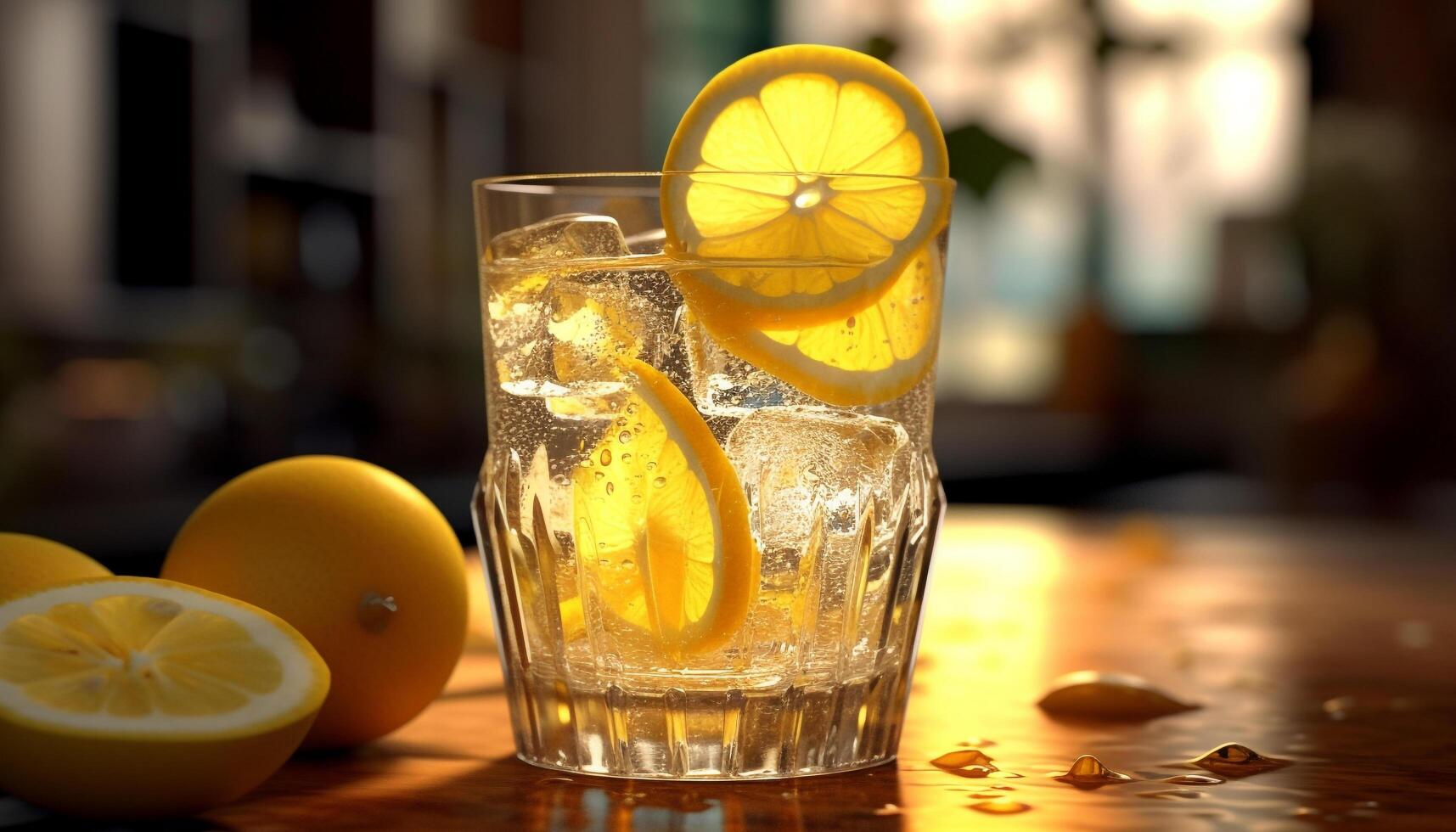 Lemonade cocktail on wooden table, refreshing summer drink generated by AI photo