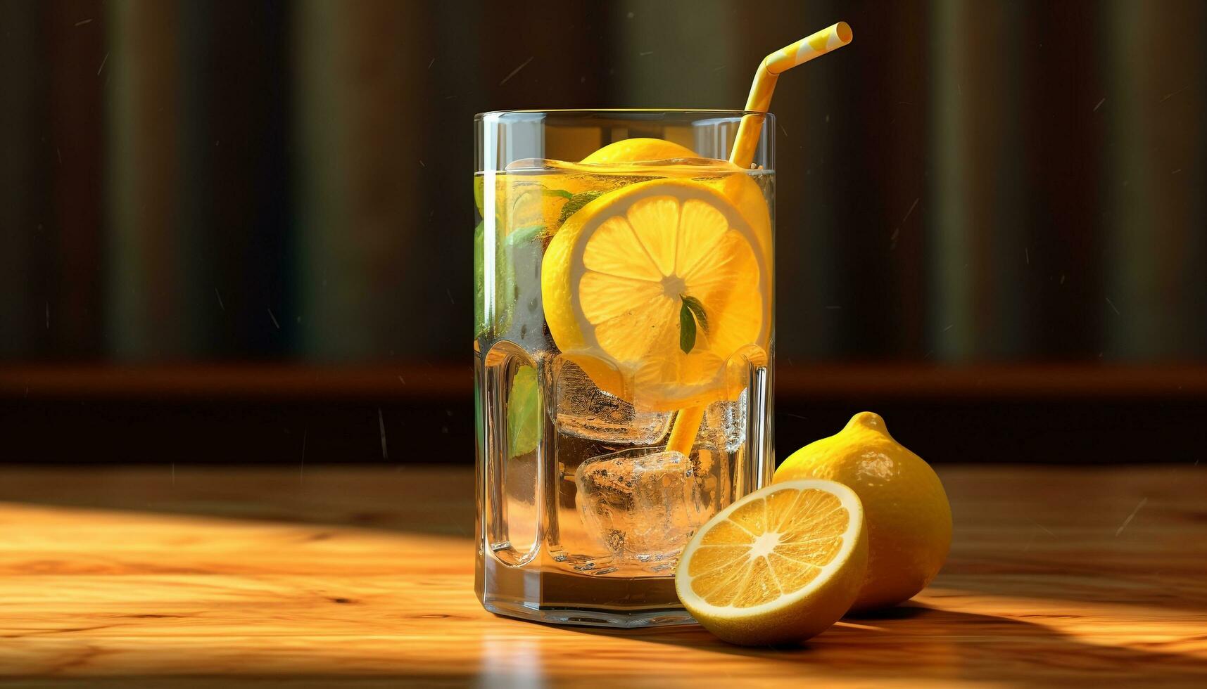 Fresh lemon slice on wooden table, refreshing summer citrus drink generated by AI photo