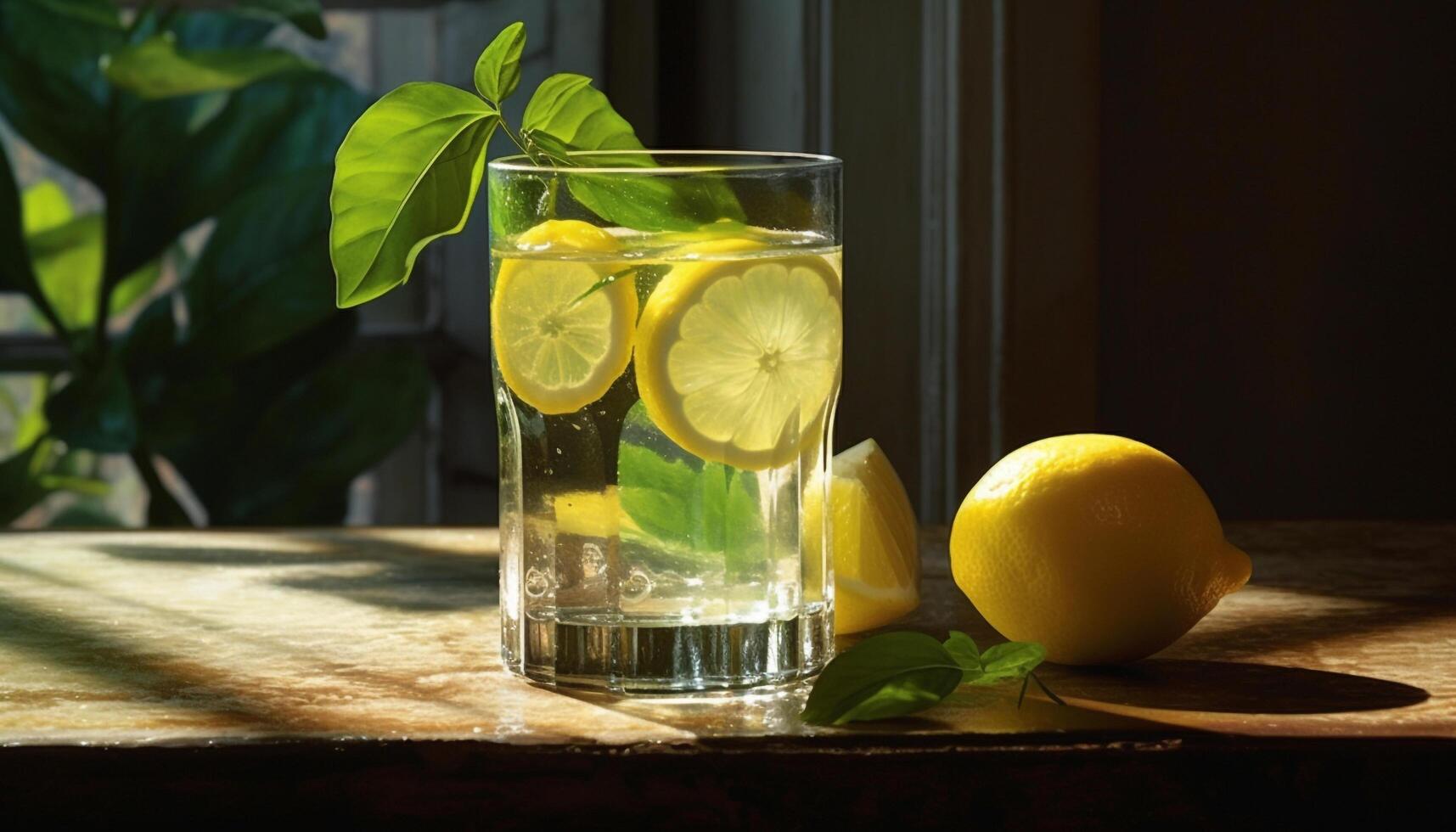 Fresh lemon slice on wooden table, refreshing summer cocktail generated by AI photo