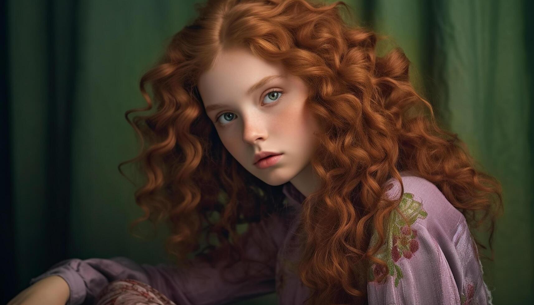 Young adult woman with curly hair, looking cute and elegant generated by AI photo