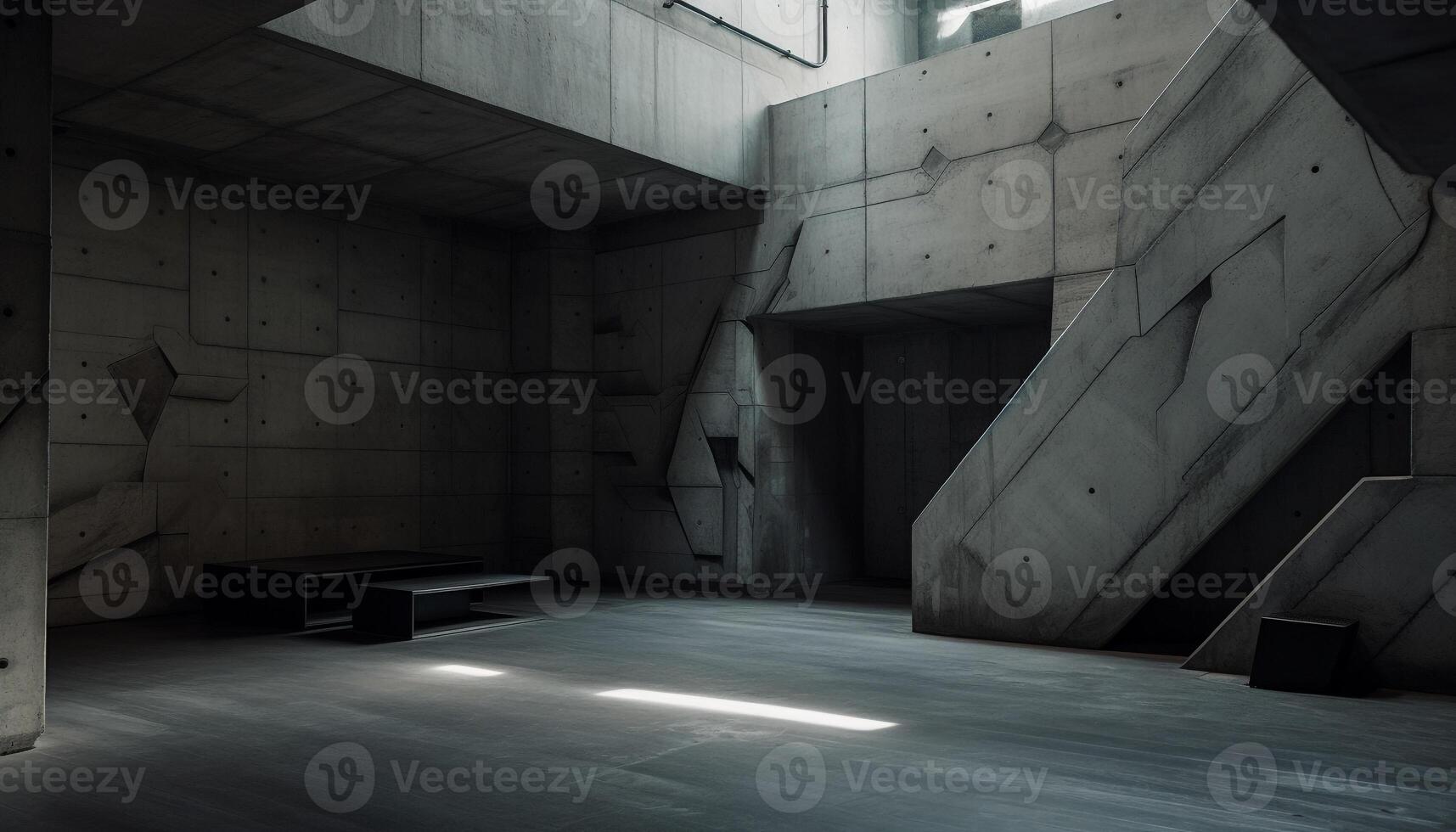 Modern concrete architecture, empty room, illuminated by natural light generated by AI photo