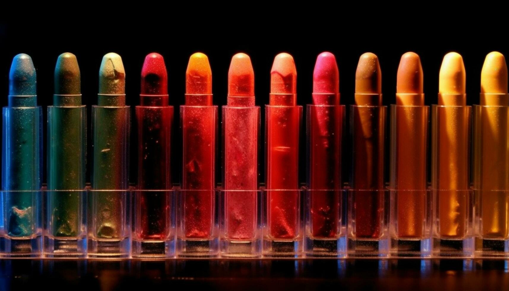 A vibrant collection of multi colored lipsticks in a row generated by AI photo