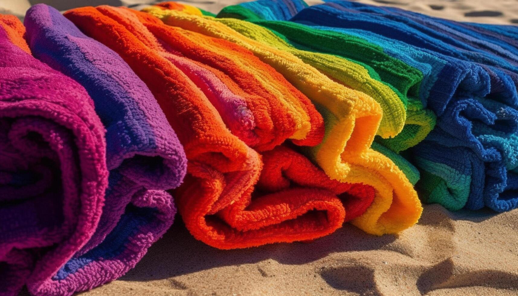 Stack of multi colored towels, fashionably folded, close up of blue and yellow generated by AI photo