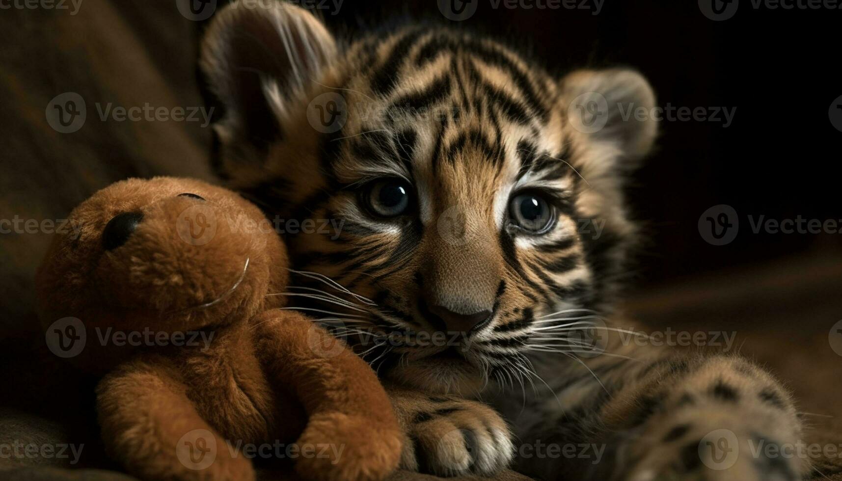 Cute tiger cub playing, staring with big eyes, beautiful nature generated by AI photo