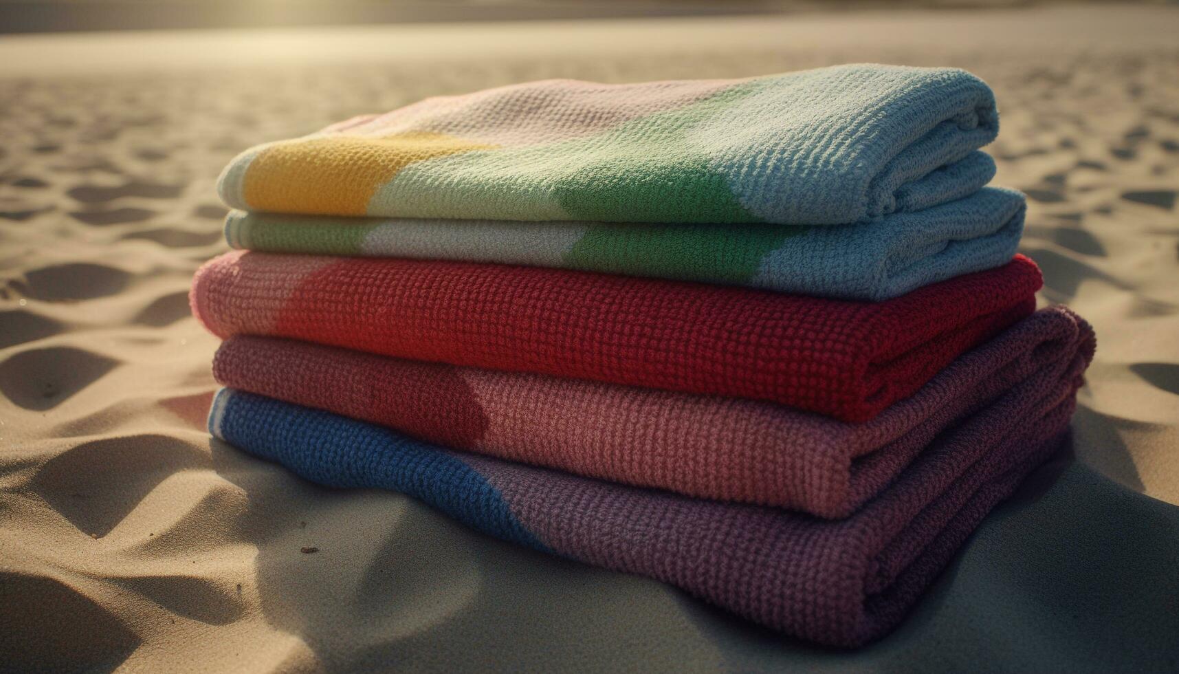 Folded towel on sand, close up of blue textile in nature generated by AI photo