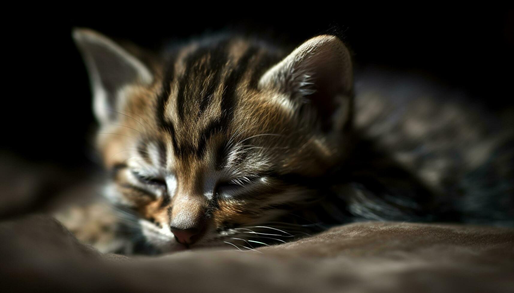 linda gatito, Doméstico gato, peludo, durmiendo, a rayas, pequeño, adorable generado por ai foto