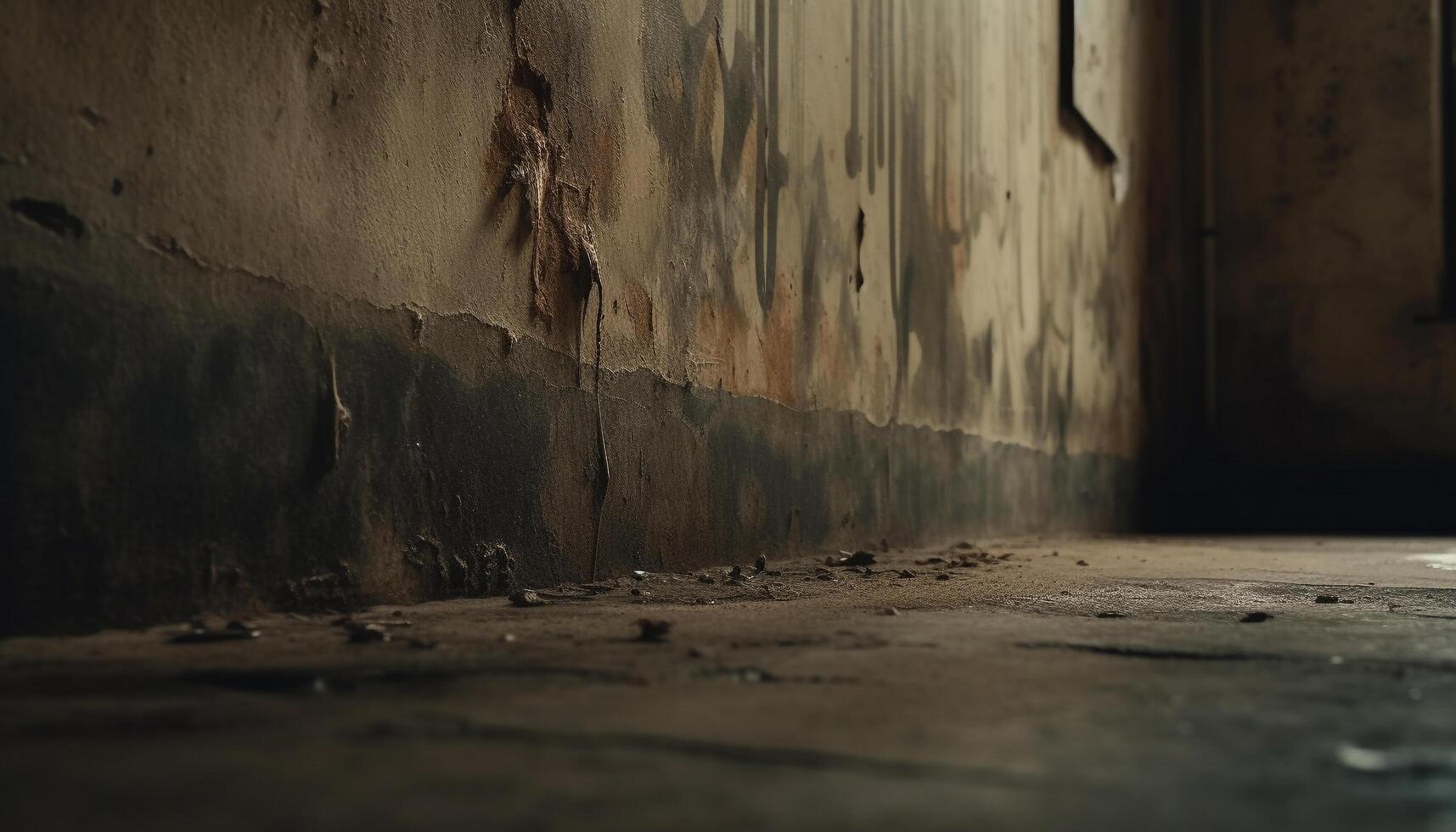 Dirty old wall, dark damaged architecture, abandoned concrete indoors generated by AI photo