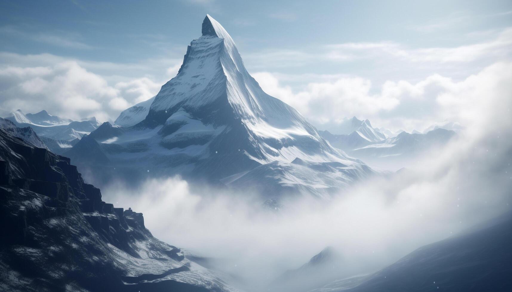 Majestic mountain peak, snow covered landscape, sky high adventure in nature generated by AI photo