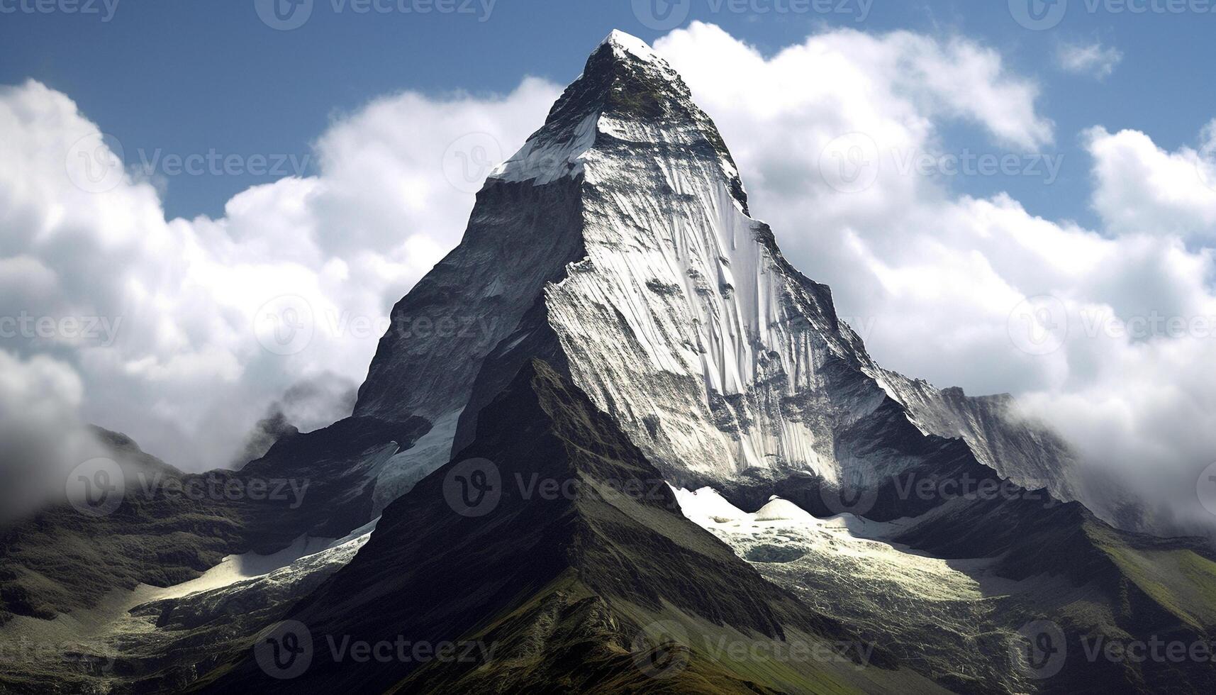 majestuoso montaña cima, nevado y dramático, un asombroso aventuras espera generado por ai foto