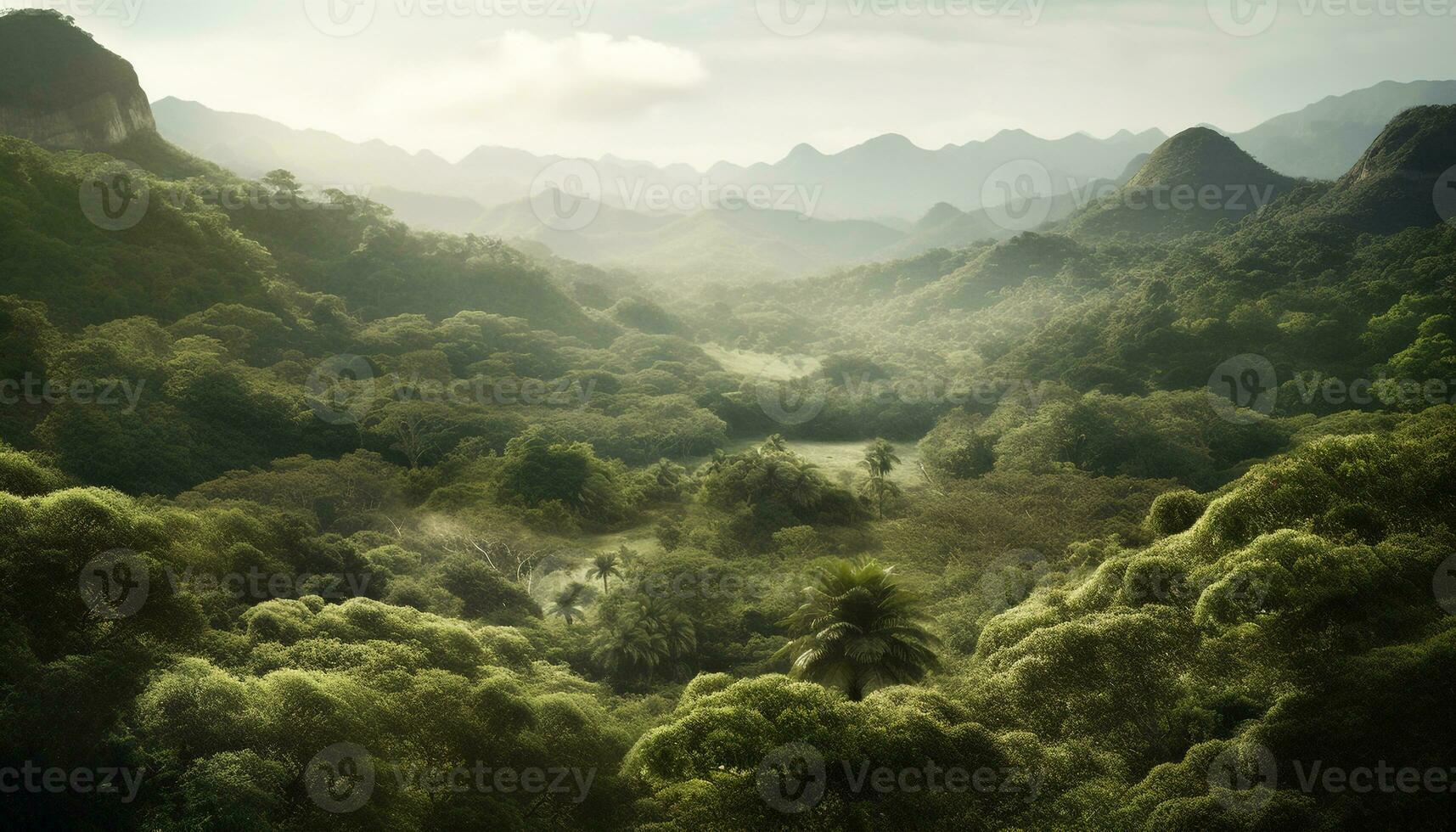 majestuoso montaña cima, brumoso paisaje, azul cielo, verde bosque generado por ai foto