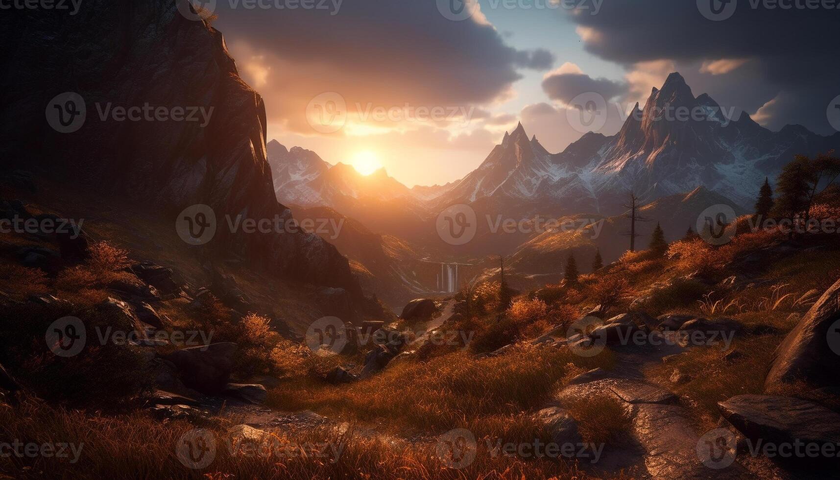 Majestic mountain peak, sunset sky, tranquil meadow, famous Dolomites generated by AI photo