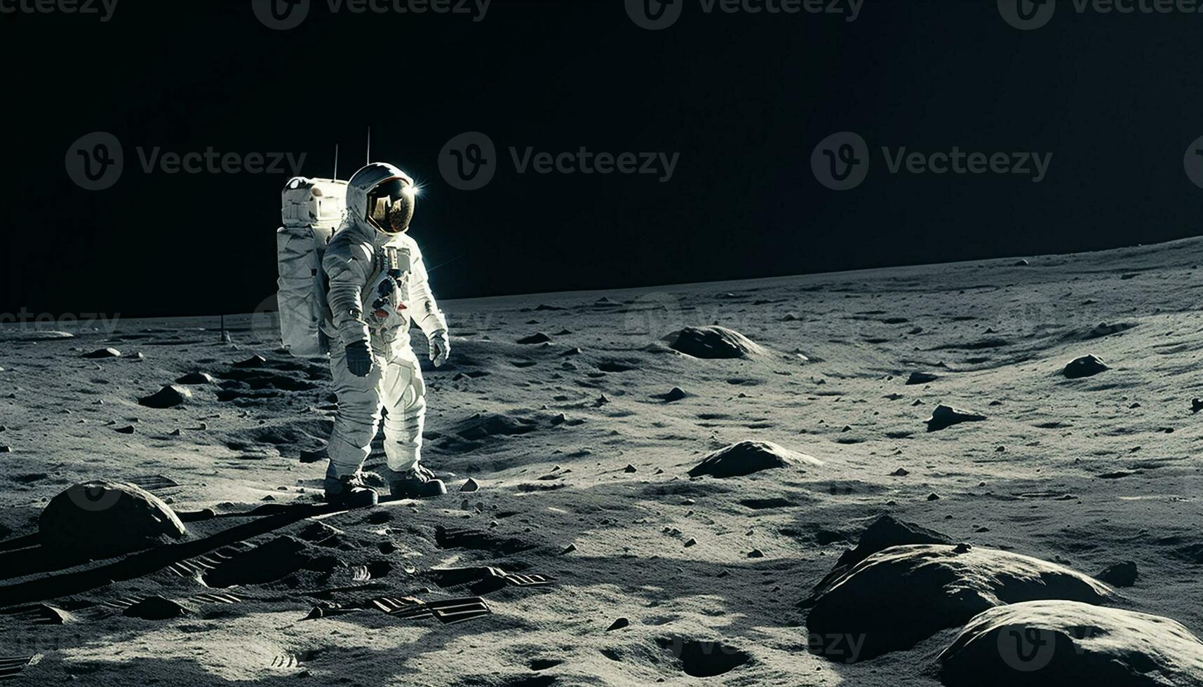 astronauta en pie en Luna superficie, explorador oscuro galaxia con astronave generado por ai foto
