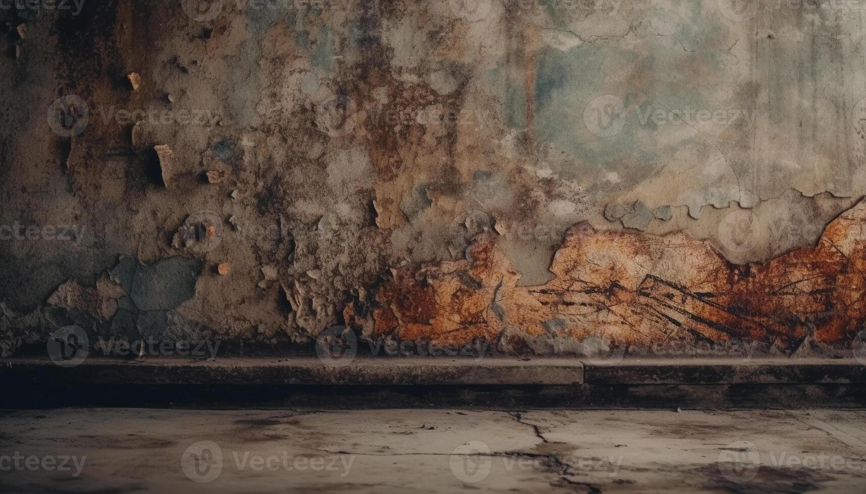 Dirty old wall with damaged rusty stained grunge background indoors generated by AI photo