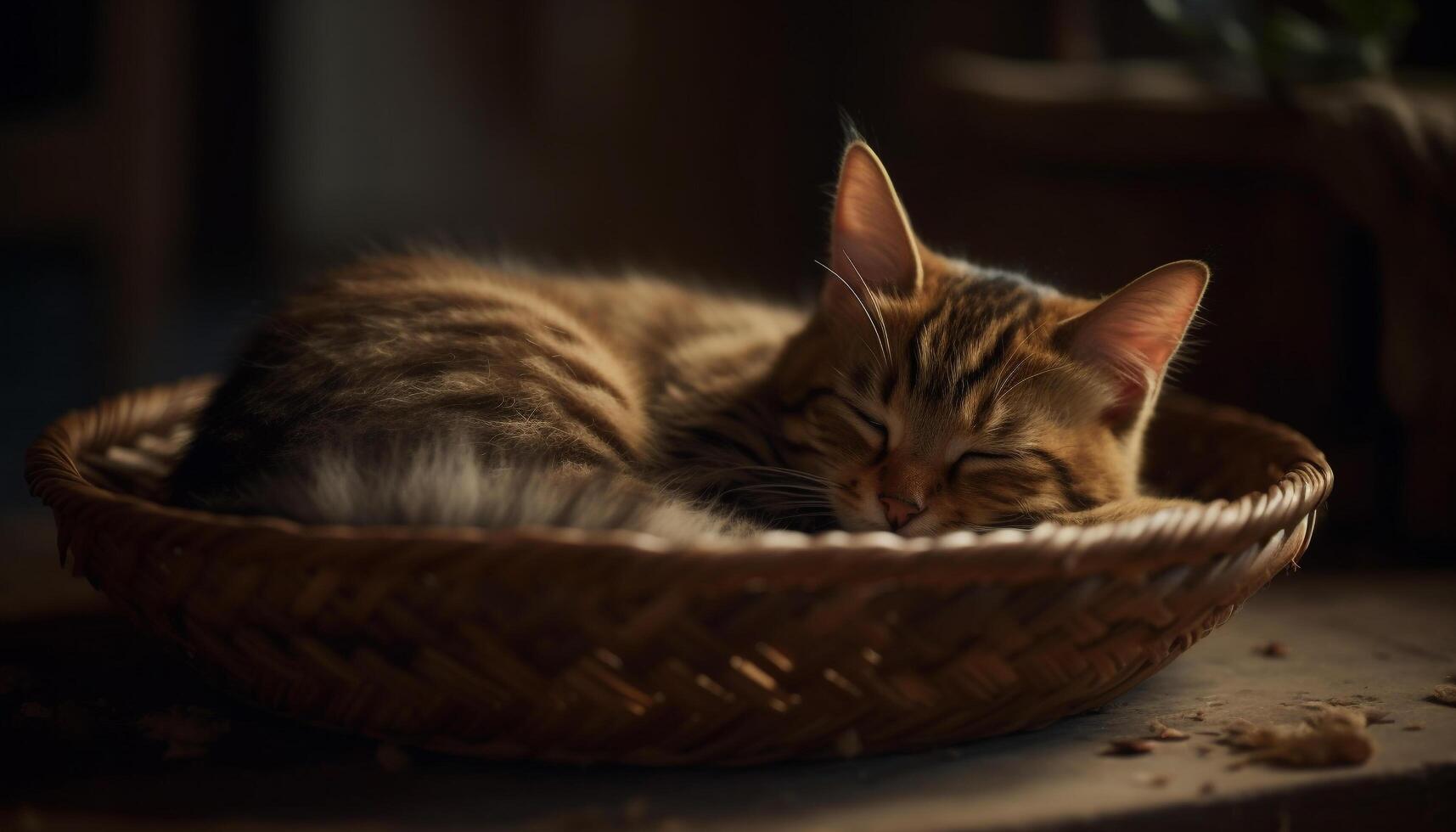 Cute kitten sleeping, fluffy fur, striped, cozy basket, peaceful relaxation generated by AI photo