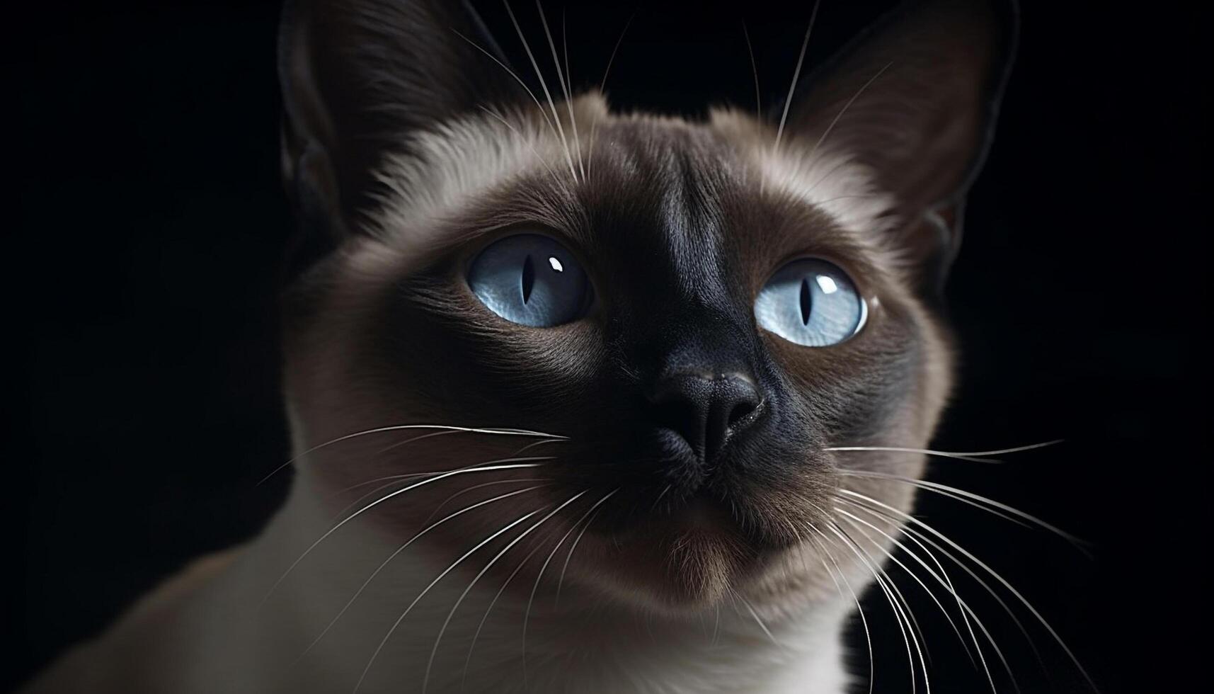 Cute kitten with blue eyes staring, fluffy fur, black background generated by AI photo