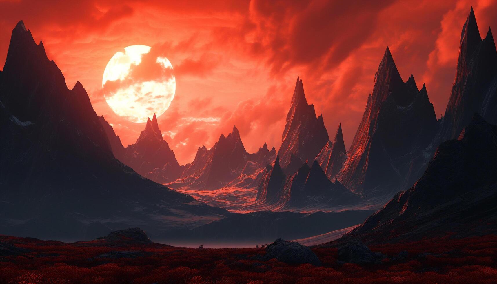 Majestic mountain peak at dusk, sky painted with multi colored sunset generated by AI photo