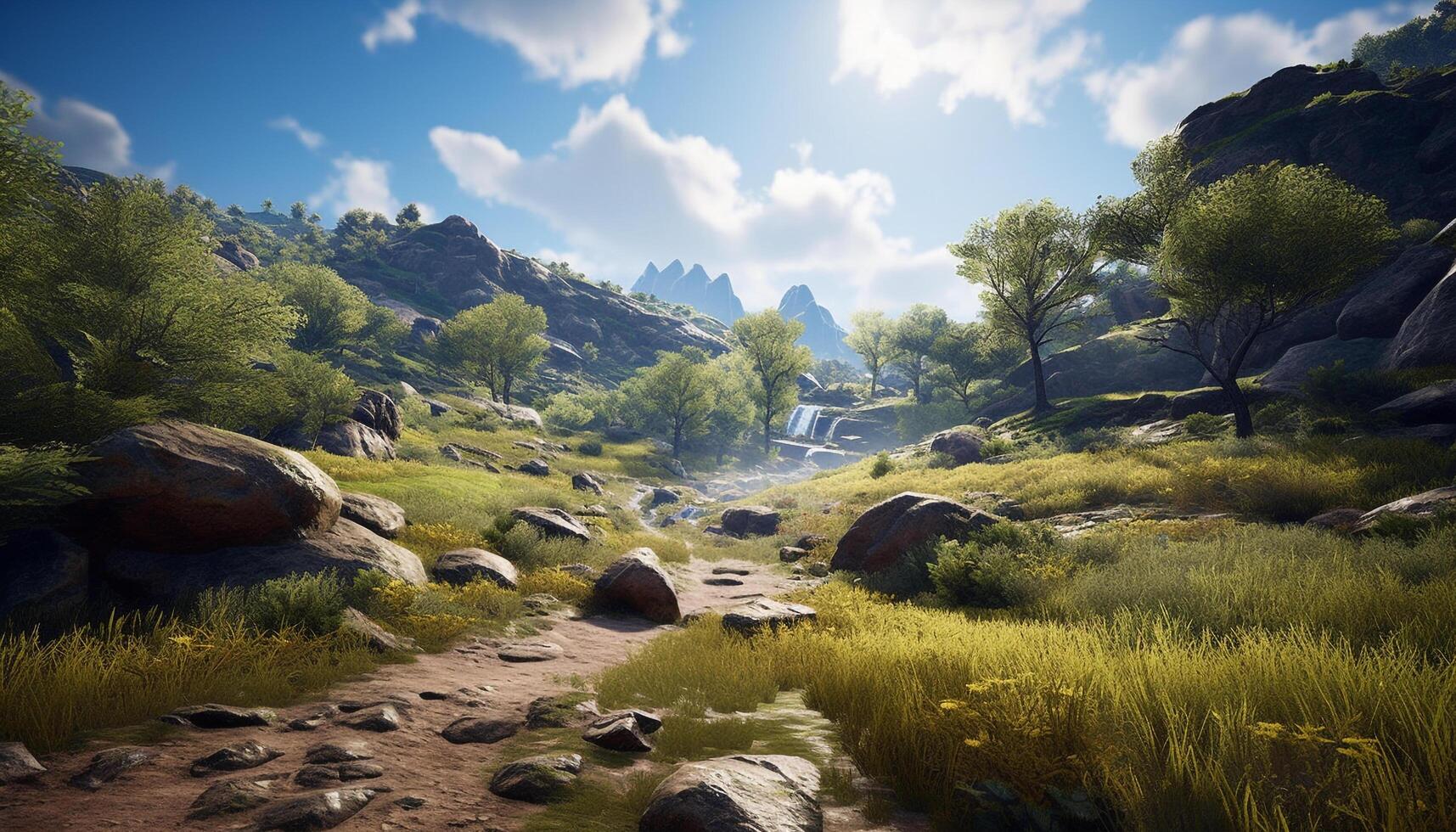 A tranquil scene of a mountain peak in a meadow generated by AI photo