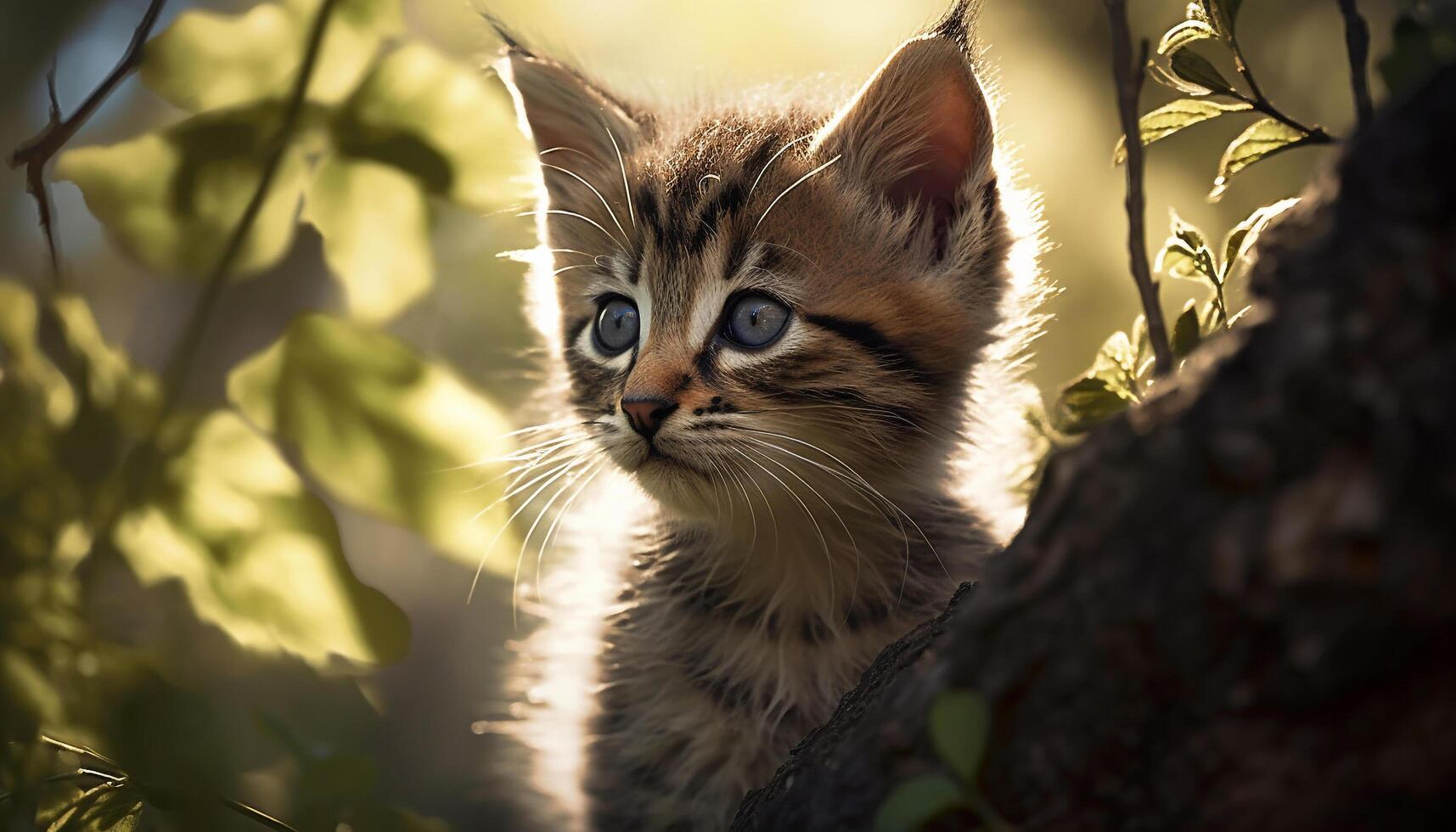Cute kitten sitting in grass, staring at camera with curiosity generated by AI photo