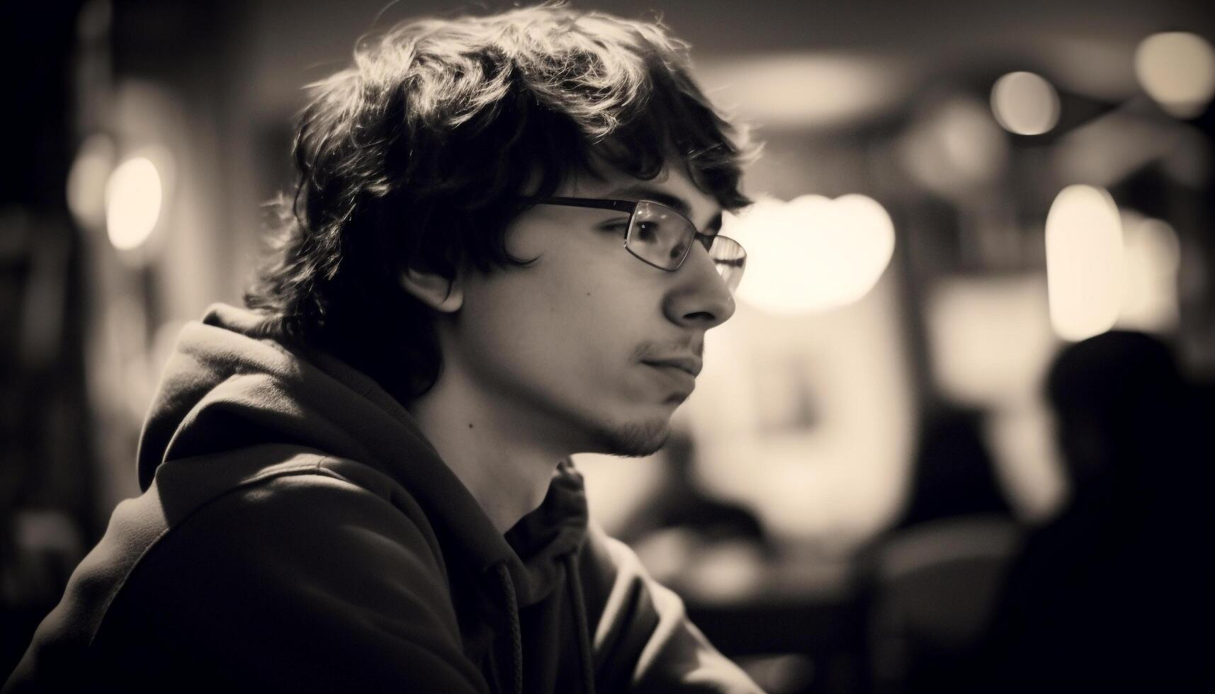 A young adult sitting outdoors, looking at camera, smiling confidently generated by AI photo