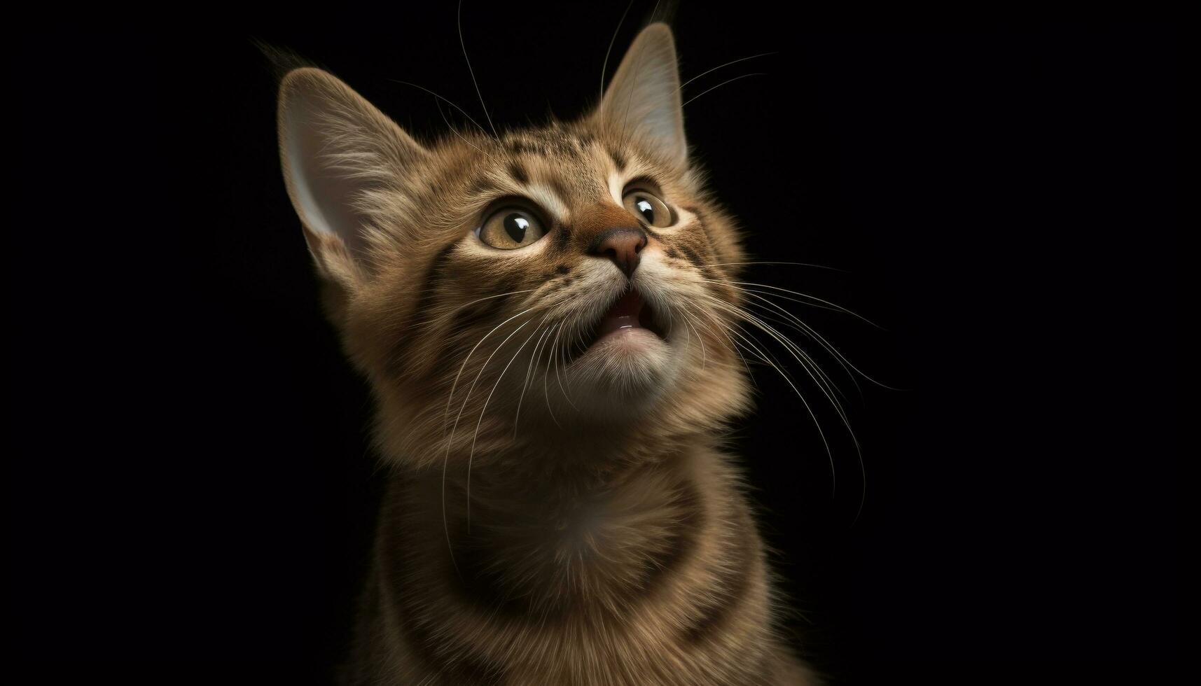 Cute kitten with striped fur, staring at camera, black background generated by AI photo