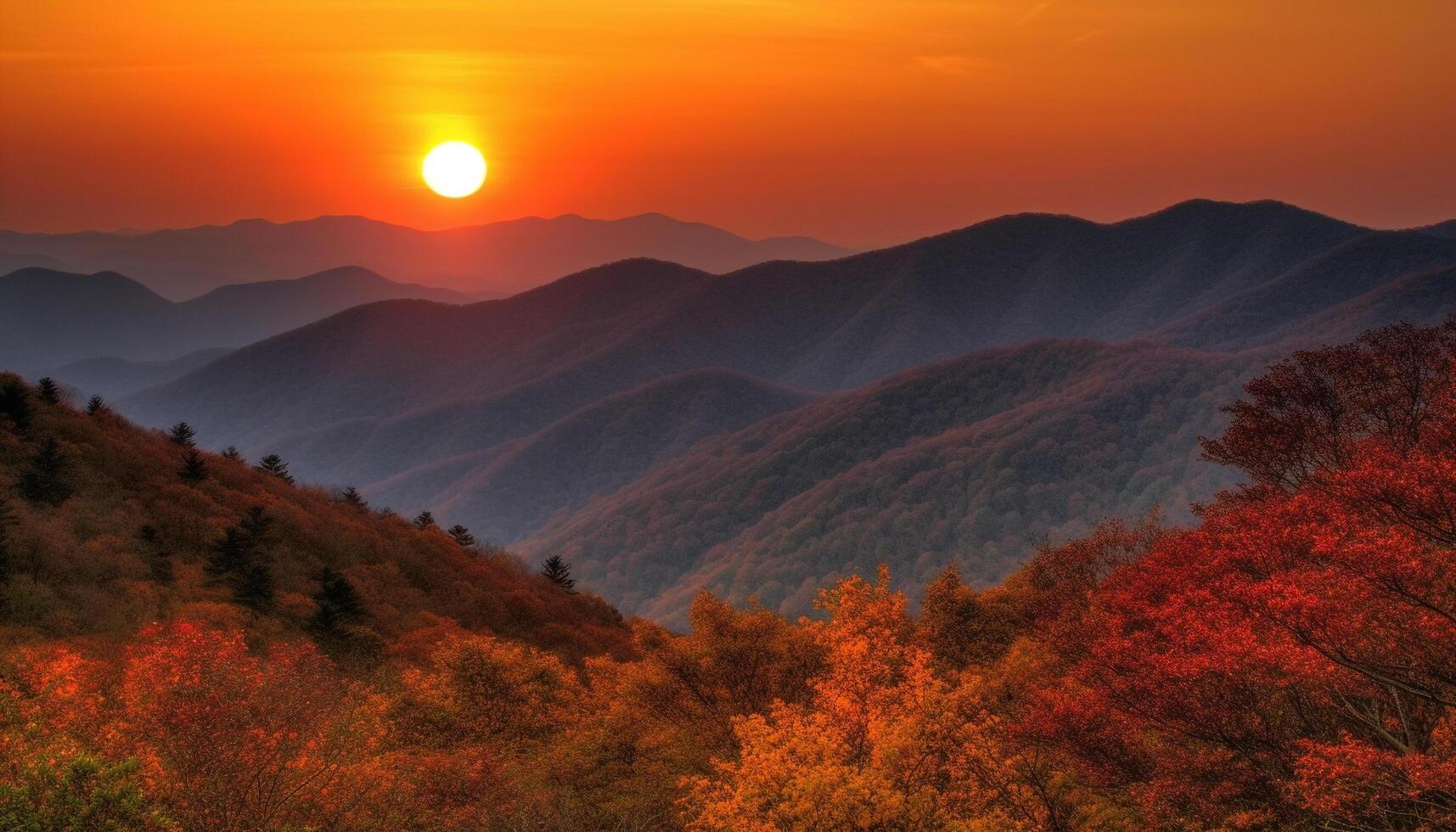 Majestic mountain peak, autumn colors, tranquil meadow, vibrant sunset sky generated by AI photo