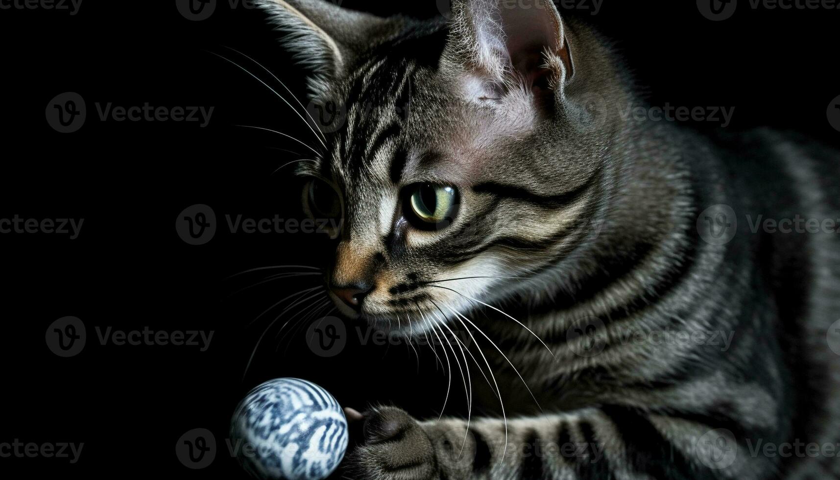 Cute feline kitten playing with toy, staring with curiosity generated by AI photo