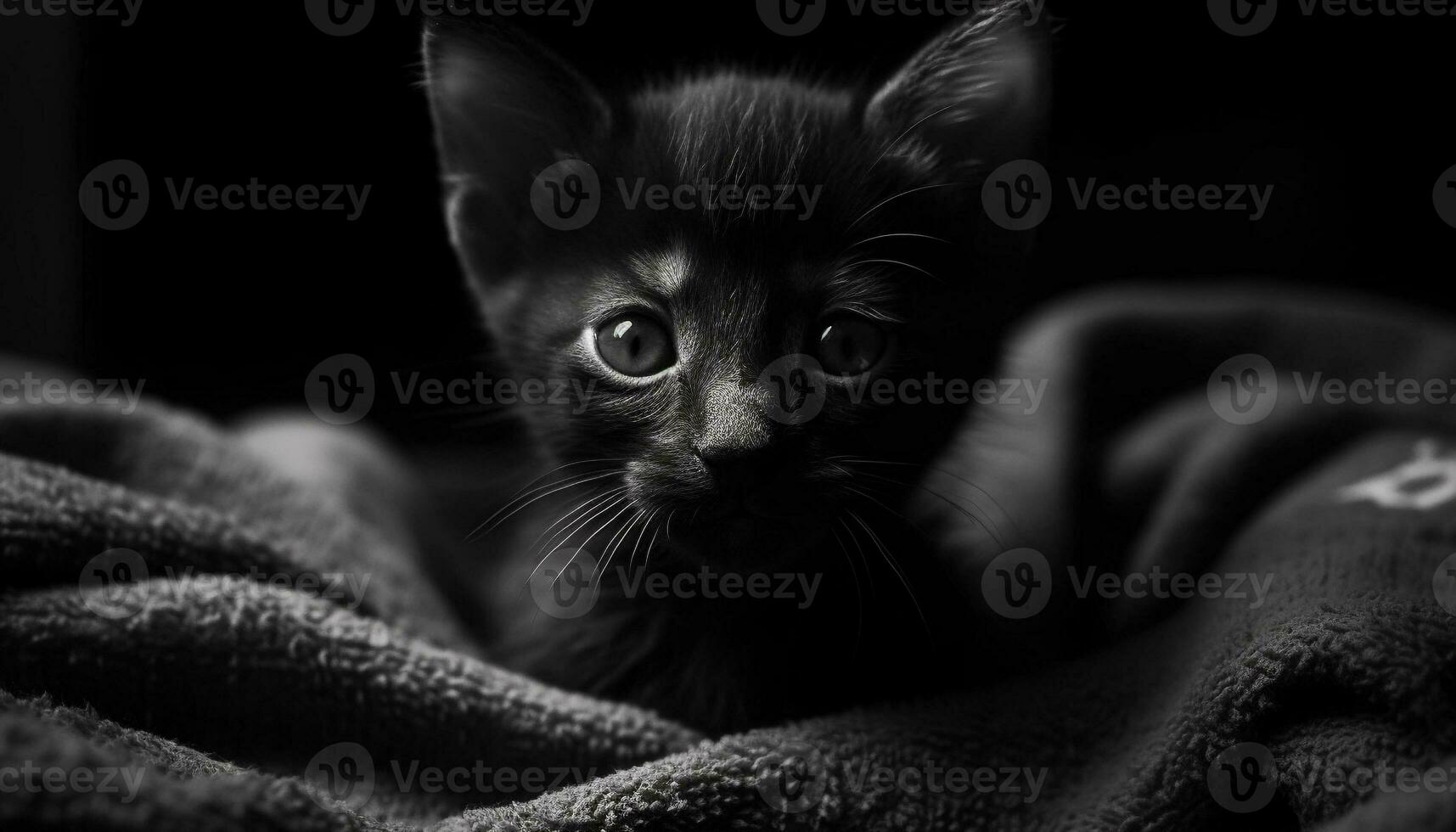 Cute kitten with fluffy fur, staring at camera, indoors generated by AI photo