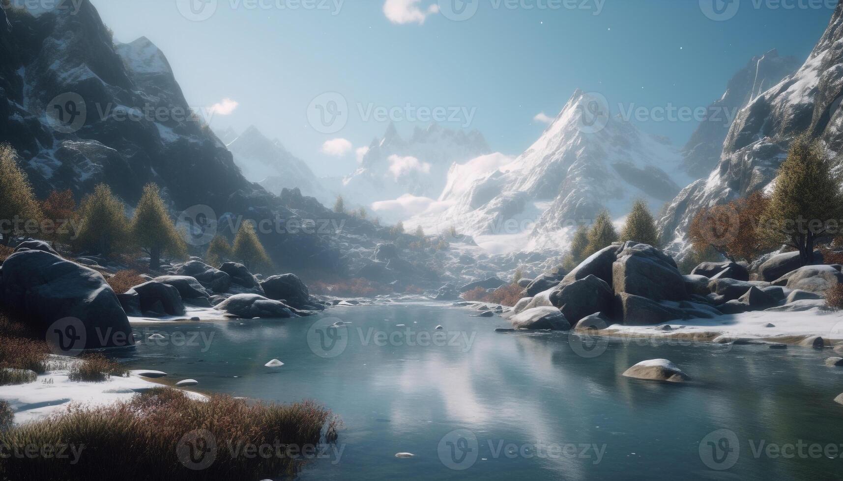 Majestic mountain peak reflects in tranquil, icy, flowing water generated by AI photo