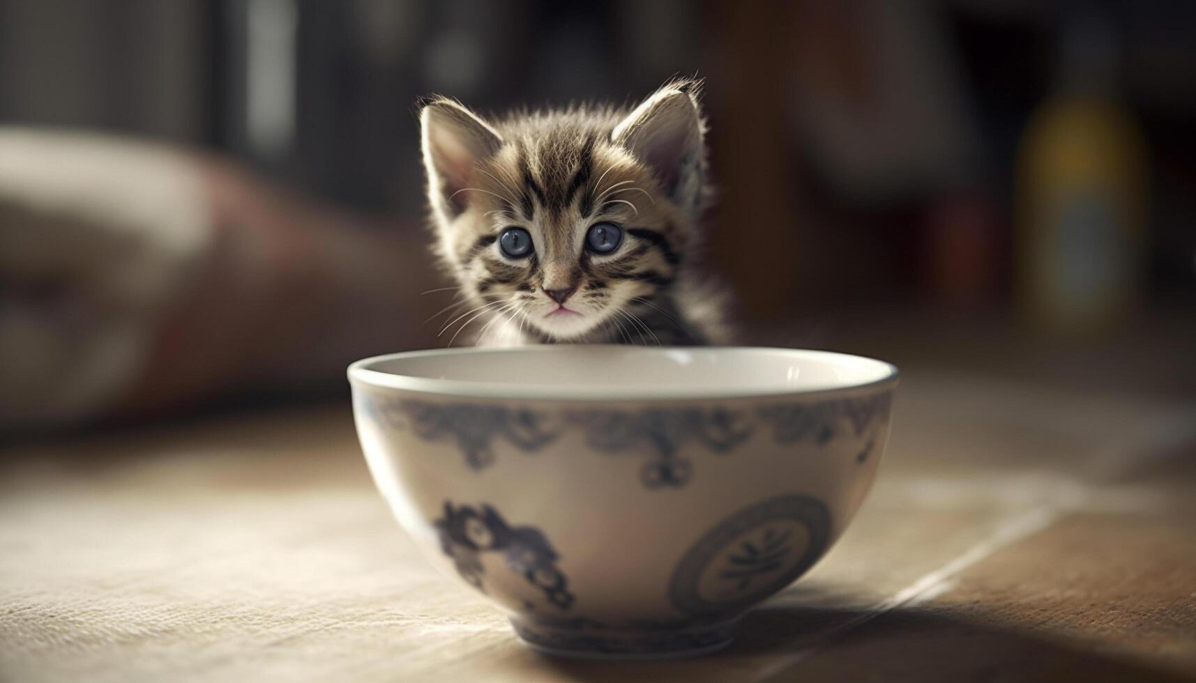 Cute kitten sitting on table, staring with blue eyes generated by AI photo
