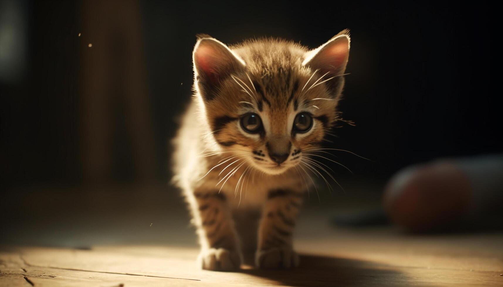 Cute kitten, striped fur, playful, staring, fluffy, domestic cat generated by AI photo