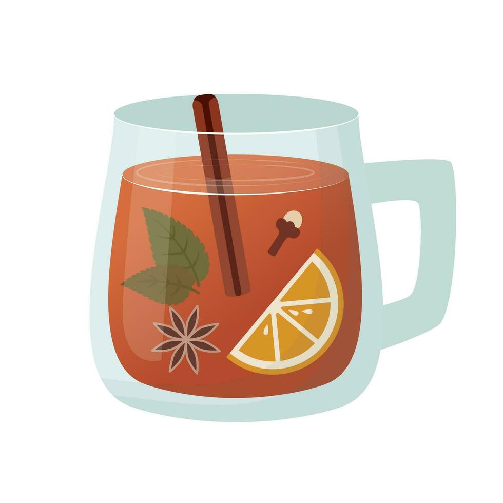 vaso taza con caliente beber. té, reflexionado vino con canela, menta, clavos de olor, anís y naranja. plano dibujos animados estilo. vector