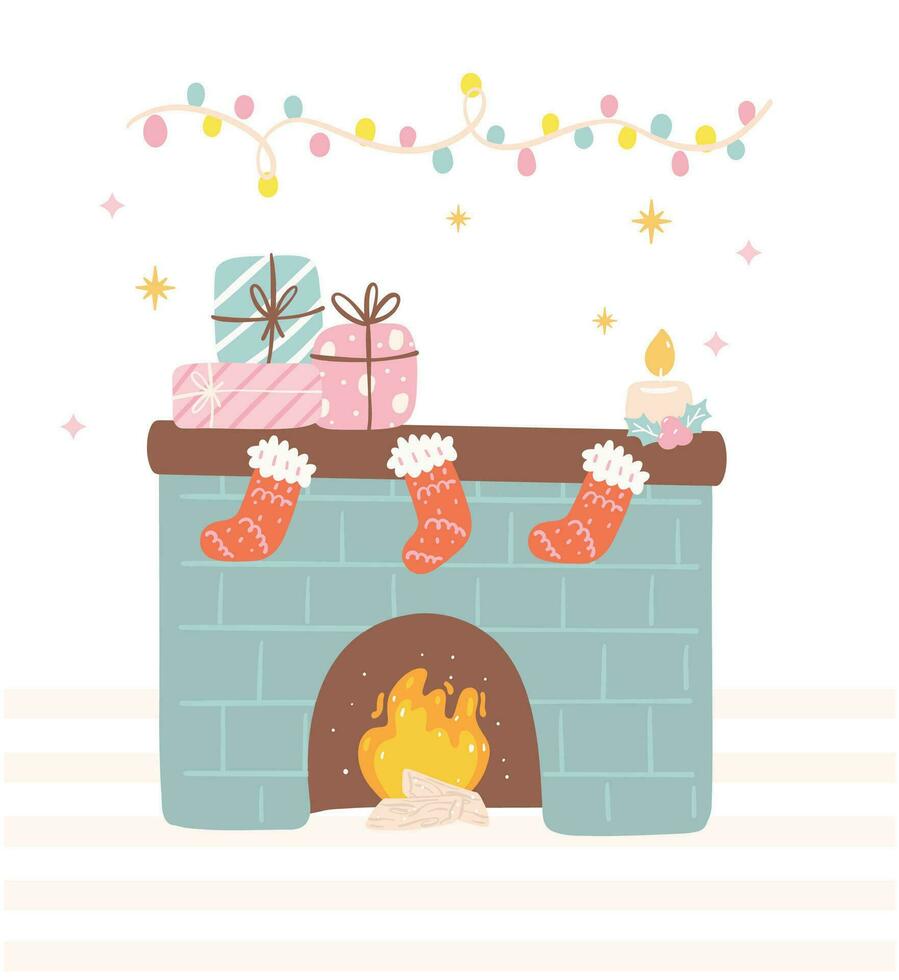 Christmas cozy fireplace with stocking and gift boxes. vector
