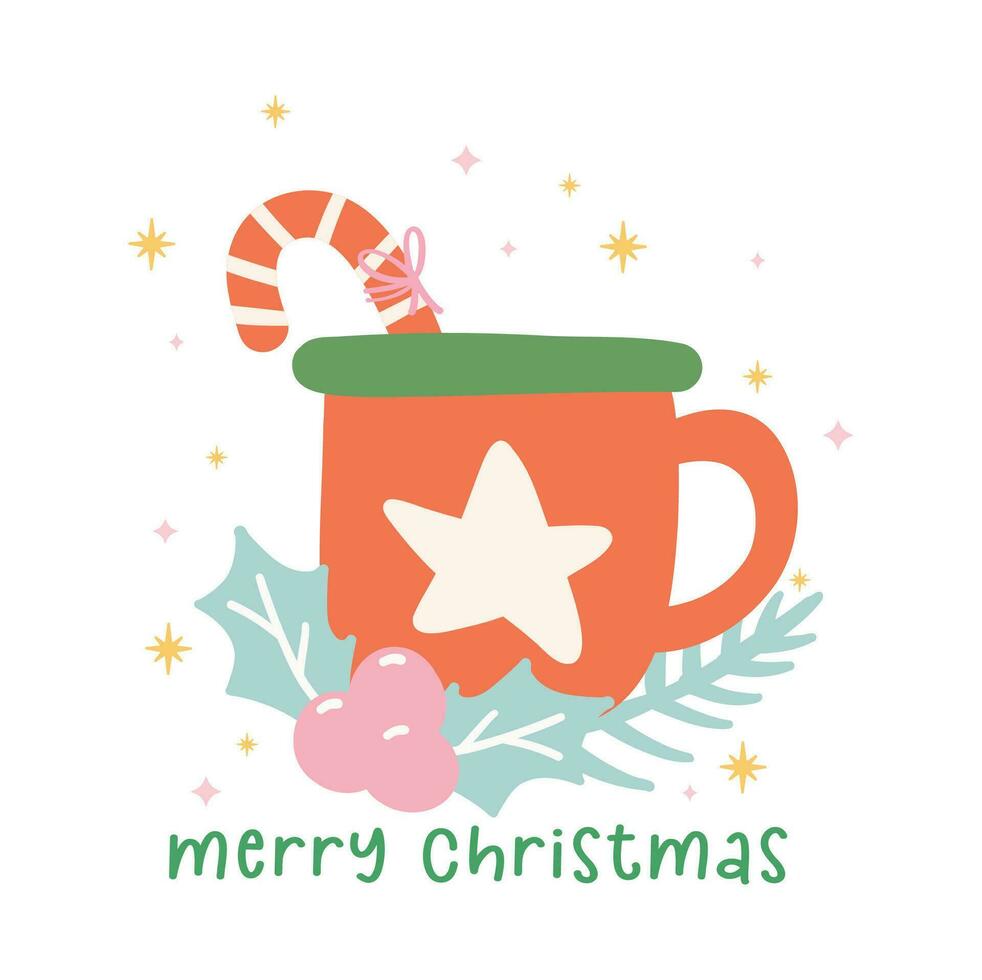 Vibrant Christmas card with drink and candy cane, flat design Greeting Card Idea vector