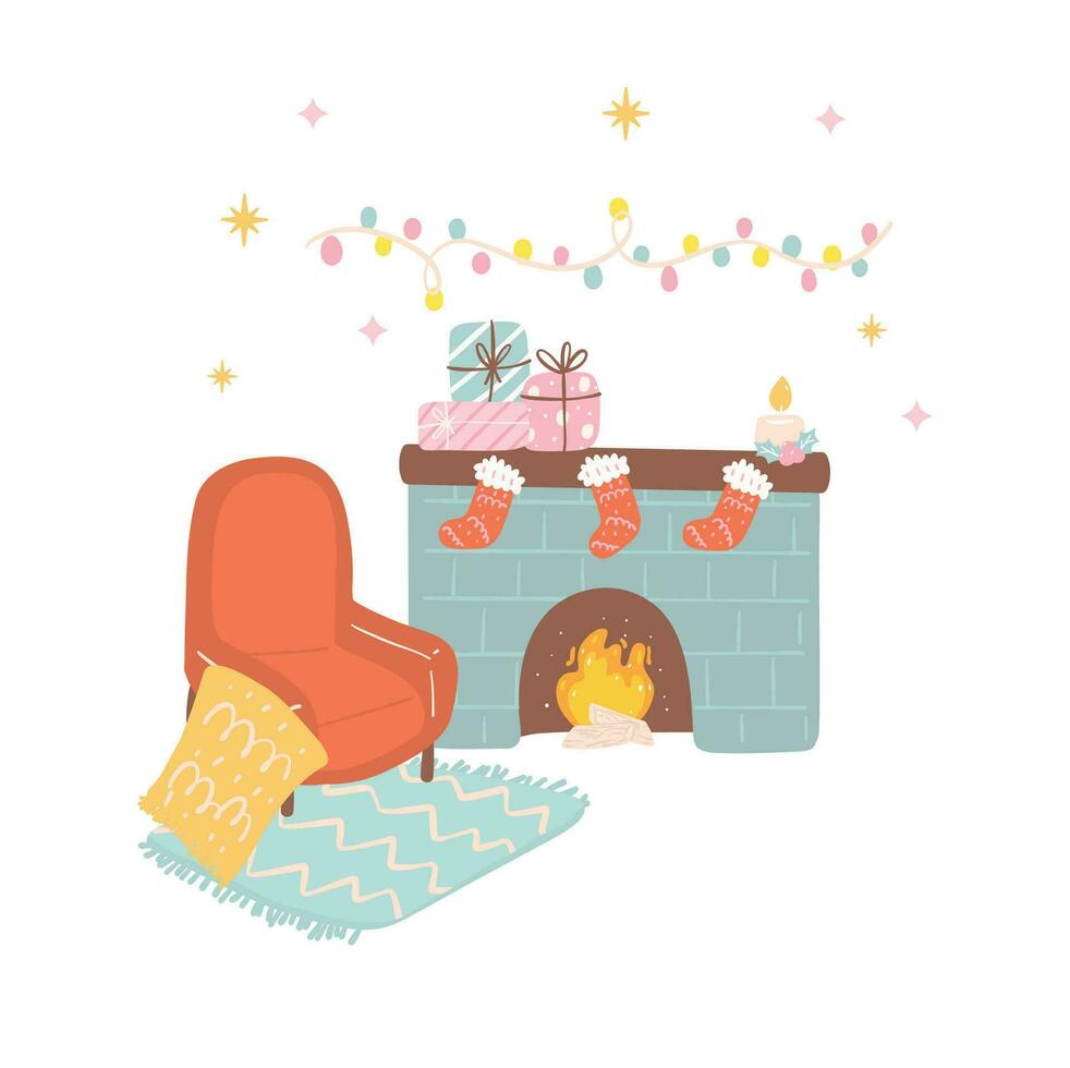 Christmas Cozy Living Room Interior with Fireplace and Xmas Tree , Flat Vector