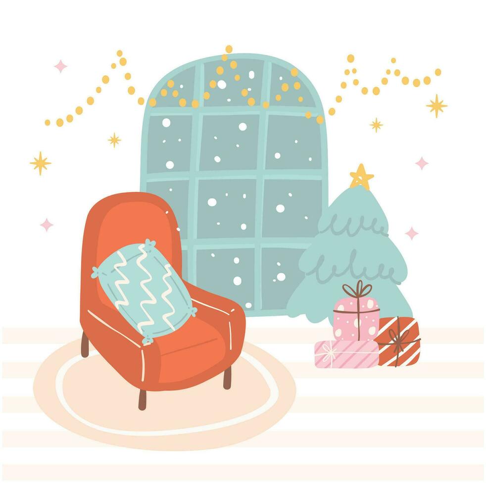 Christmas Cozy Living Room Interior with window frame and Xmas Tree , Flat Vector