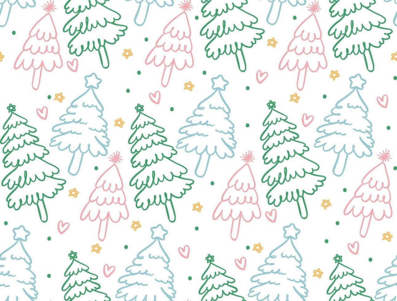 Cute festive Christmas pattern seamless, colorful pine tree outline doodle, isolated on green background vector