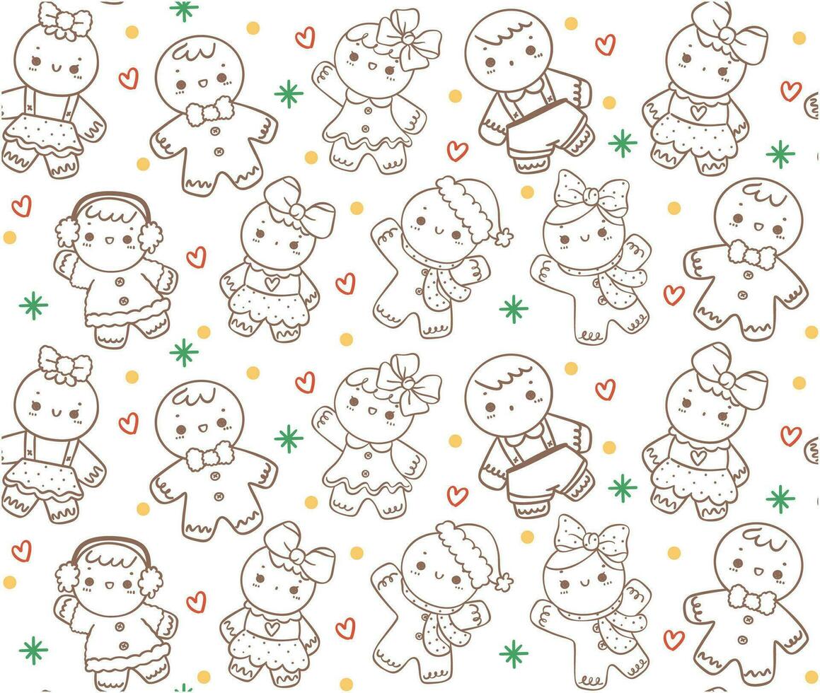 Cute festive Christmas pattern seamless, kawaii gingerbread cookie man outline doodle isolated on blue background, vector